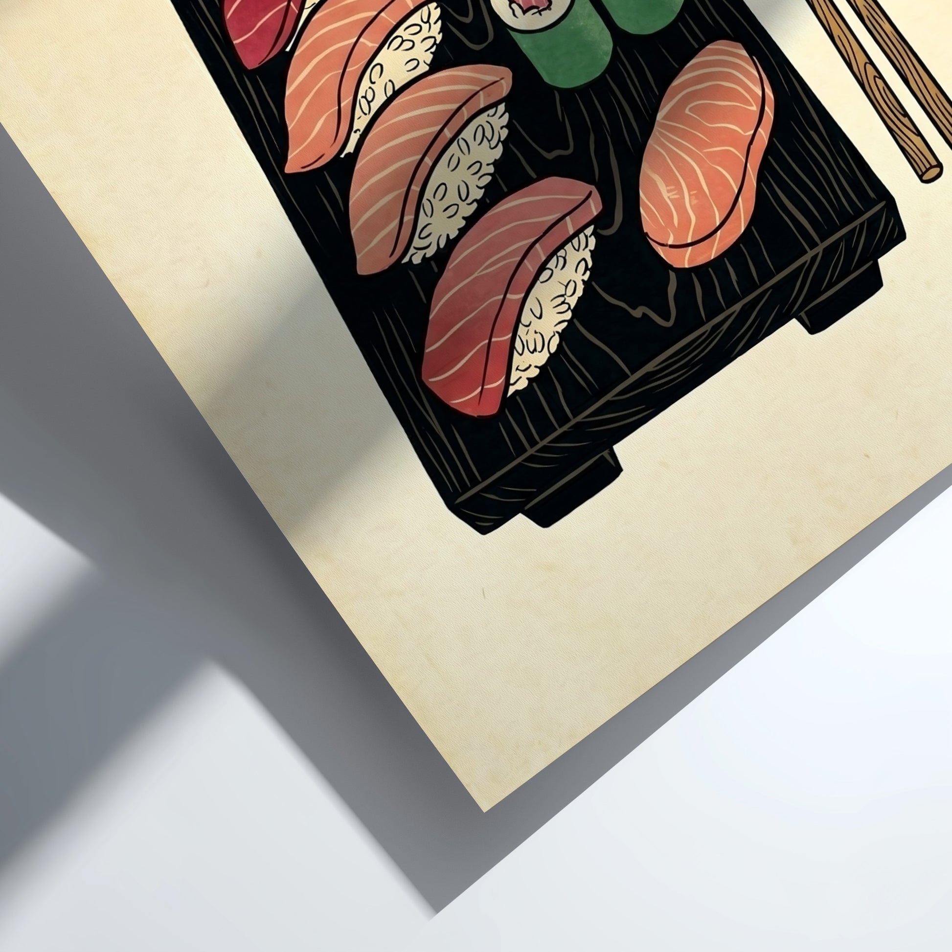 Sushi platter poster featuring vibrant sushi illustrations in Japanese art style