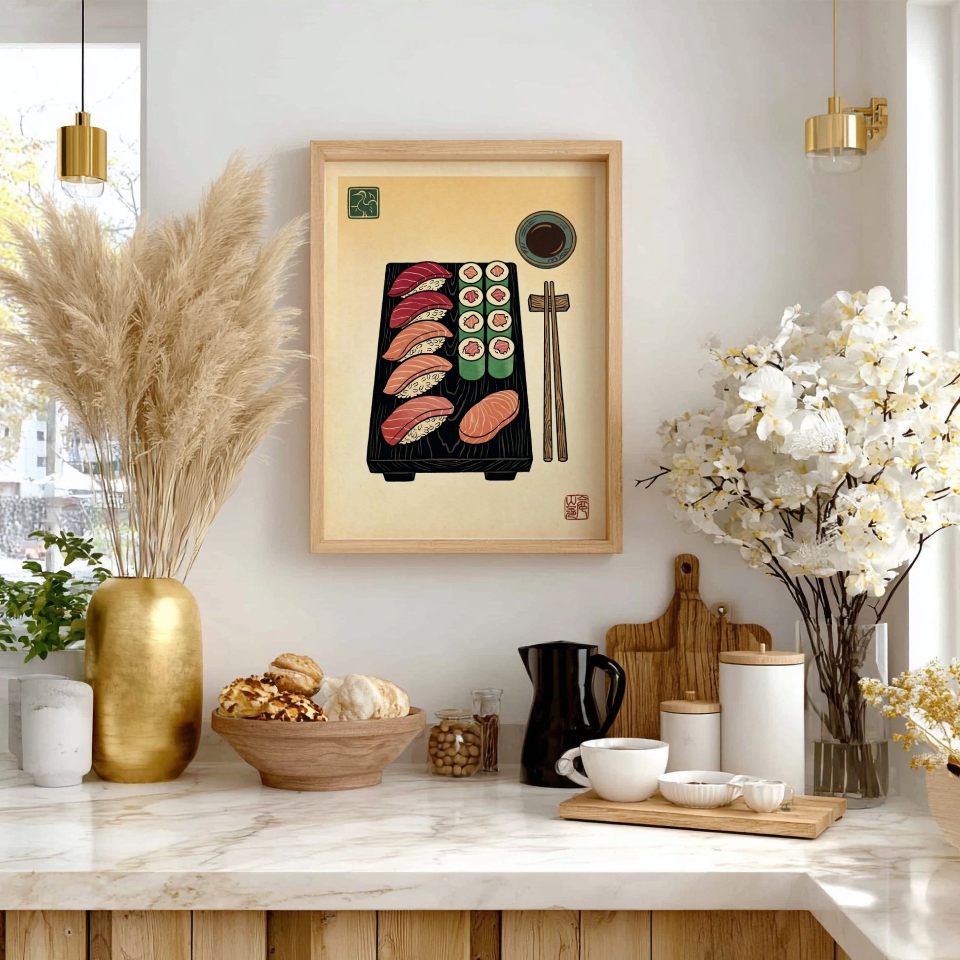 Sushi platter poster featuring vibrant sushi illustrations in Japanese art style