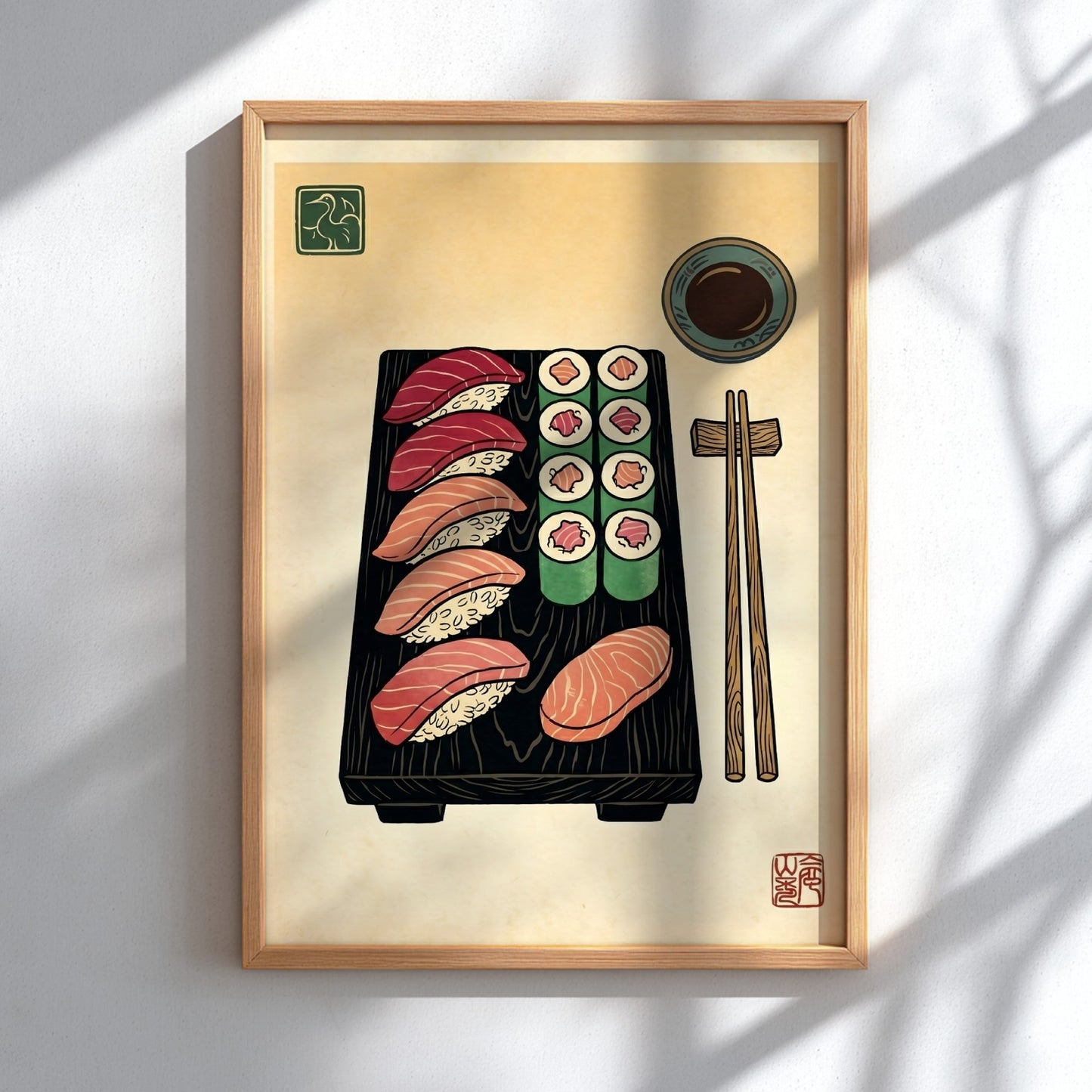 Sushi platter poster featuring vibrant sushi illustrations in Japanese art style
