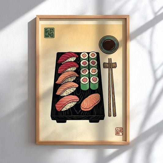 Sushi platter poster featuring vibrant sushi illustrations in Japanese art style