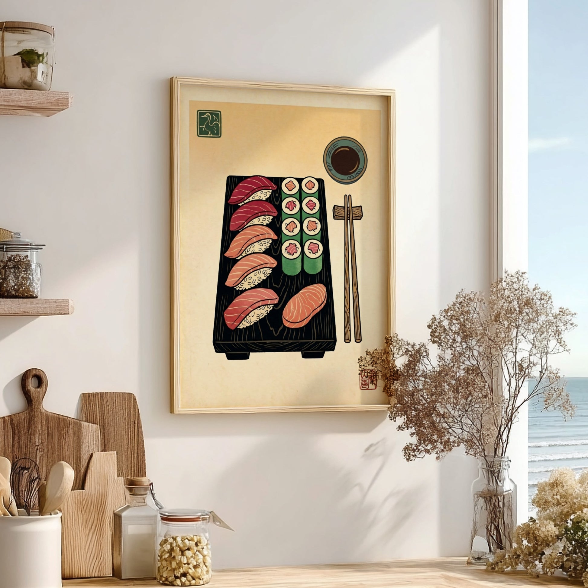 Sushi platter poster featuring vibrant sushi illustrations in Japanese art style