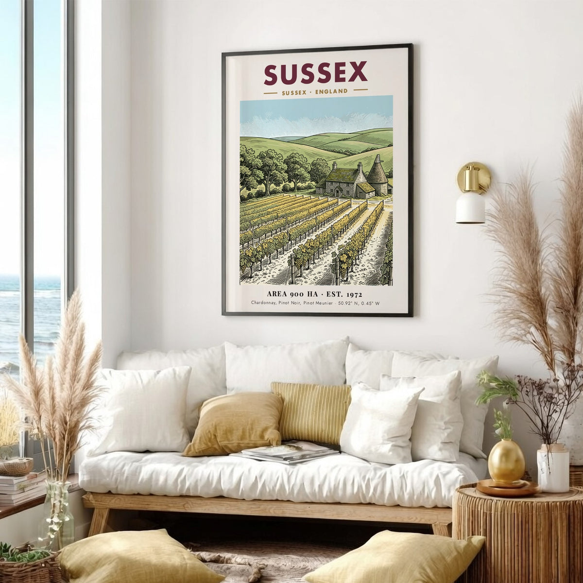 Poster featuring a detailed illustration of a Sussex vineyard with a stone farmhouse.