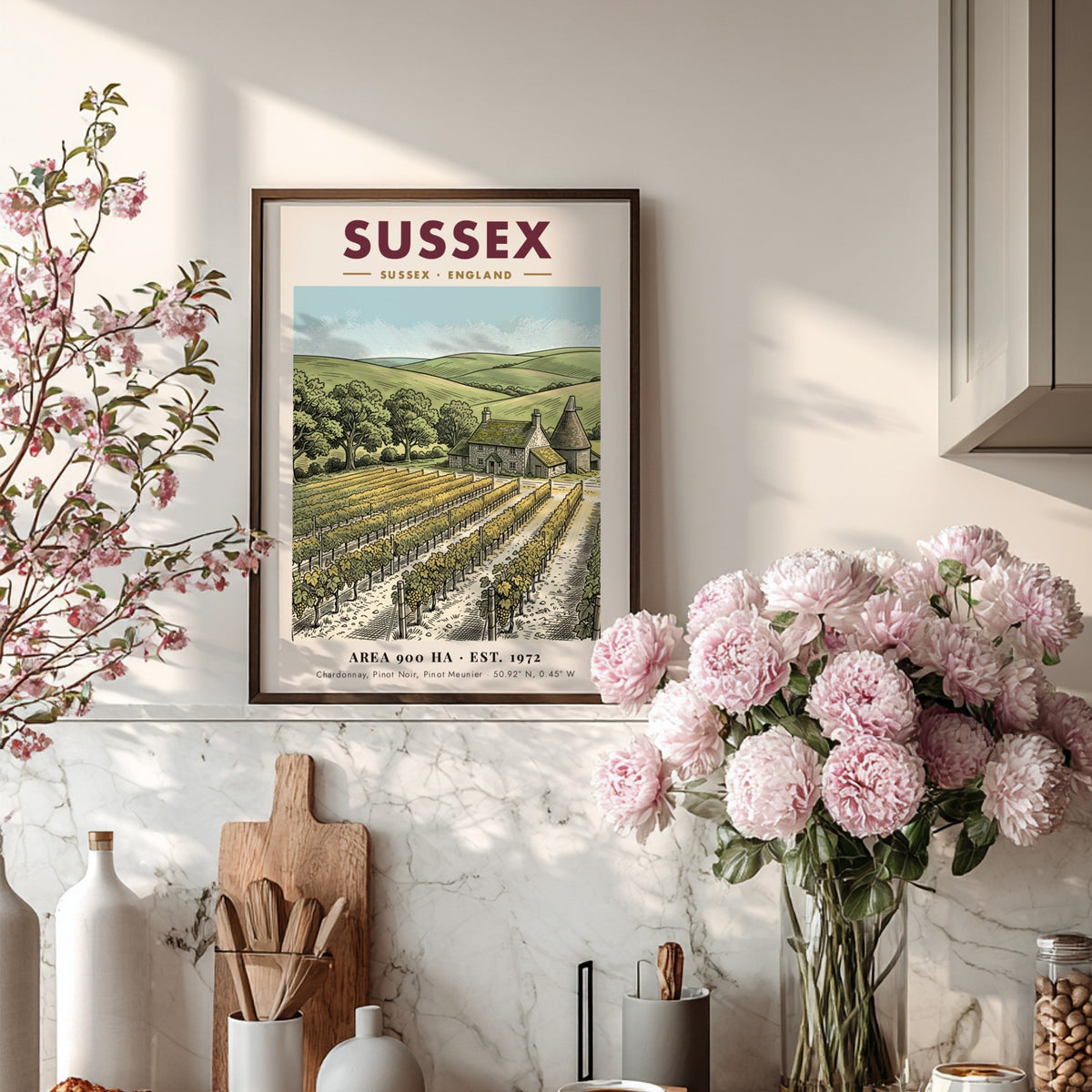 Poster featuring a detailed illustration of a Sussex vineyard with a stone farmhouse.