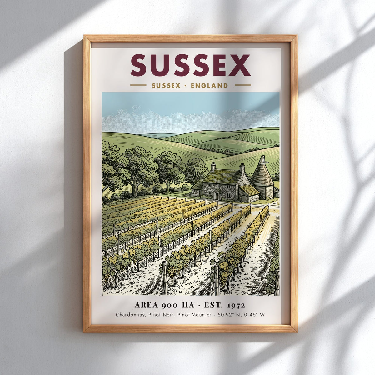 Poster featuring a detailed illustration of a Sussex vineyard with a stone farmhouse.
