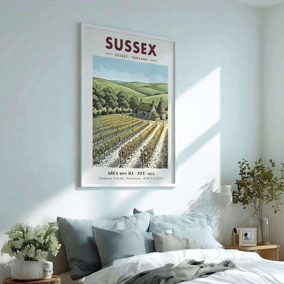 Poster featuring a detailed illustration of a Sussex vineyard with a stone farmhouse.