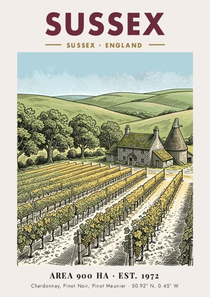 Poster featuring a detailed illustration of a Sussex vineyard with a stone farmhouse.