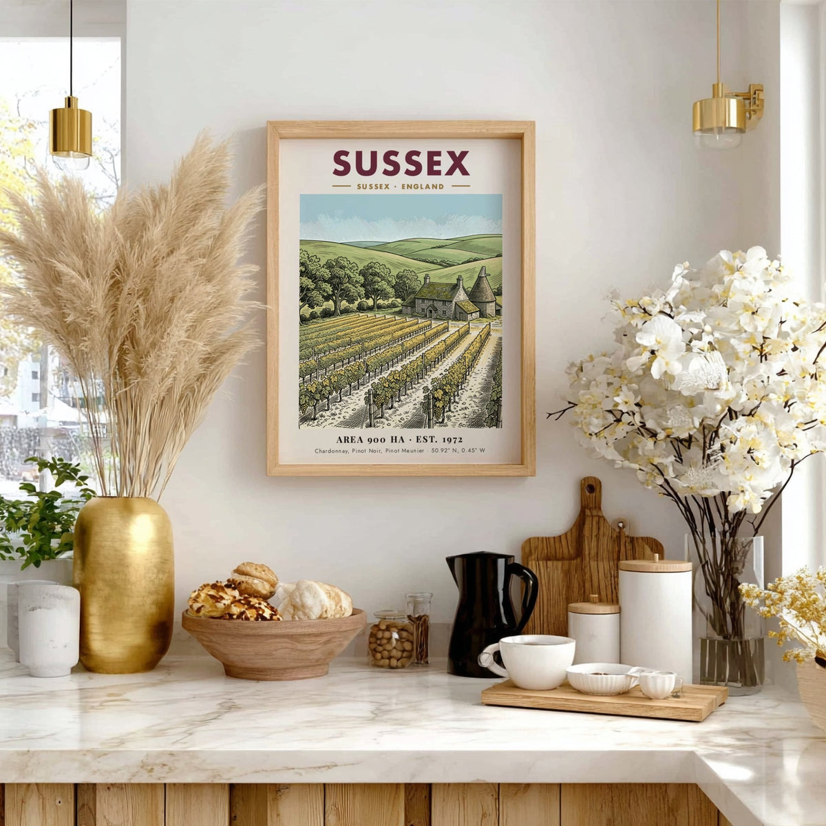 Poster featuring a detailed illustration of a Sussex vineyard with a stone farmhouse.