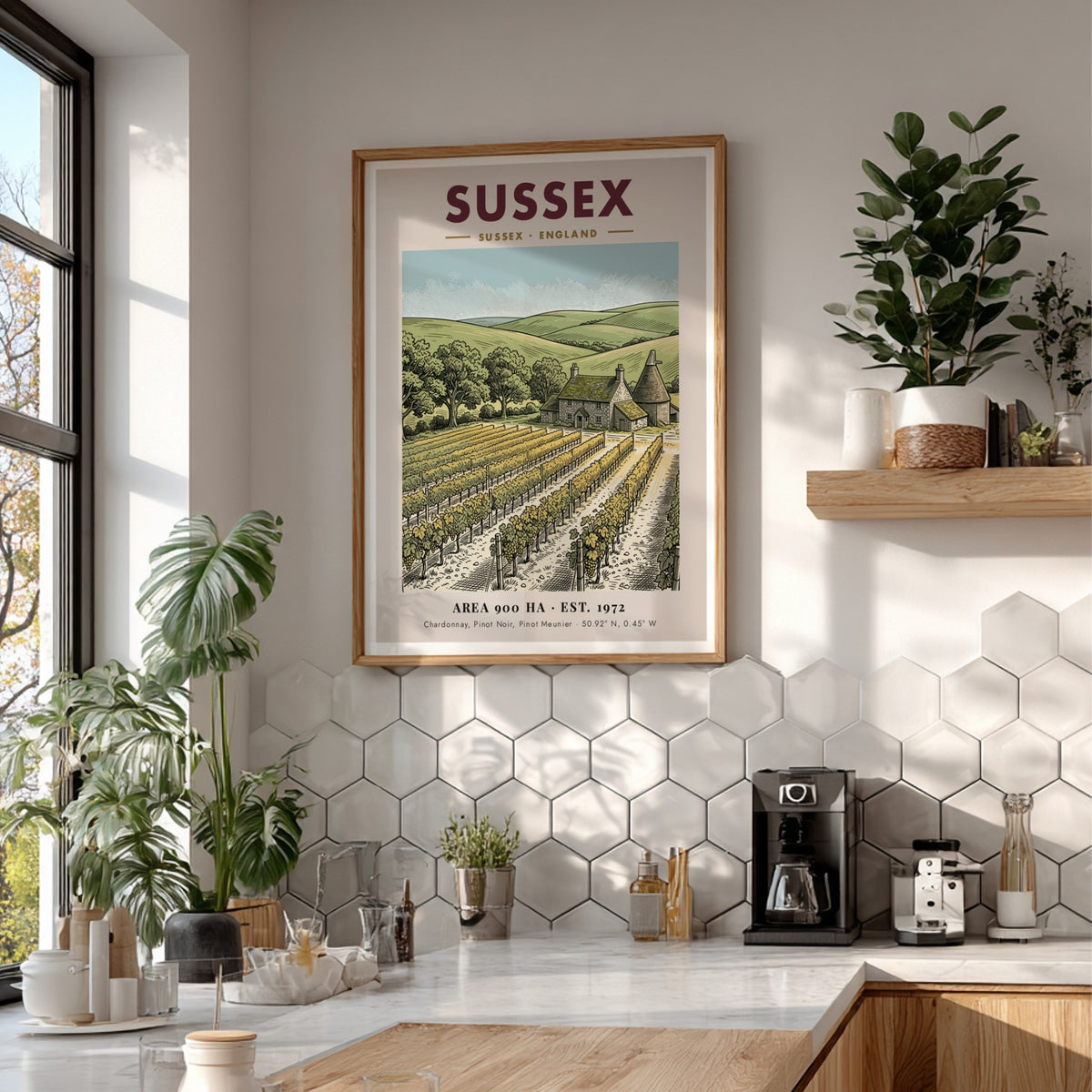 Poster featuring a detailed illustration of a Sussex vineyard with a stone farmhouse.