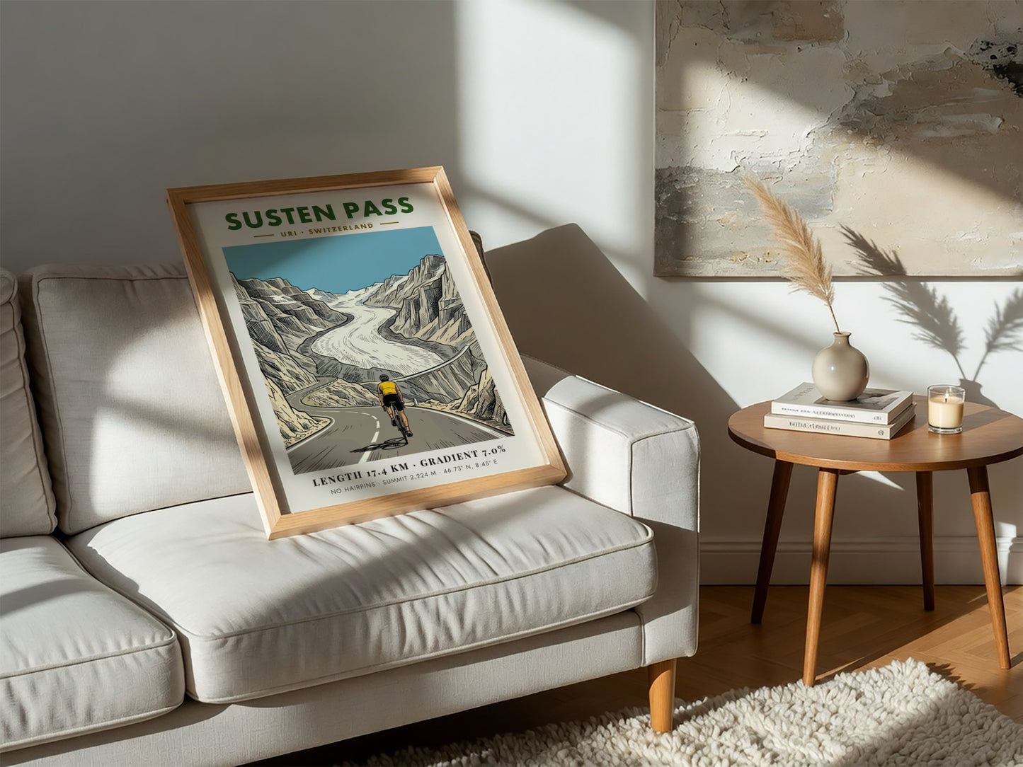Poster featuring a cyclist riding toward a glacier on the Susten Pass route.