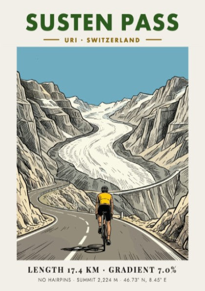 Poster featuring a cyclist riding toward a glacier on the Susten Pass route.