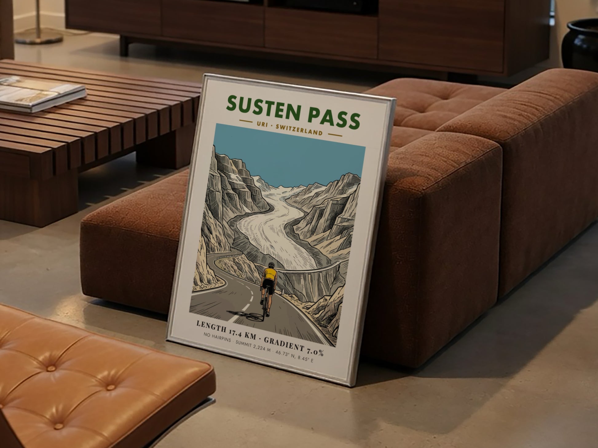 Poster featuring a cyclist riding toward a glacier on the Susten Pass route.