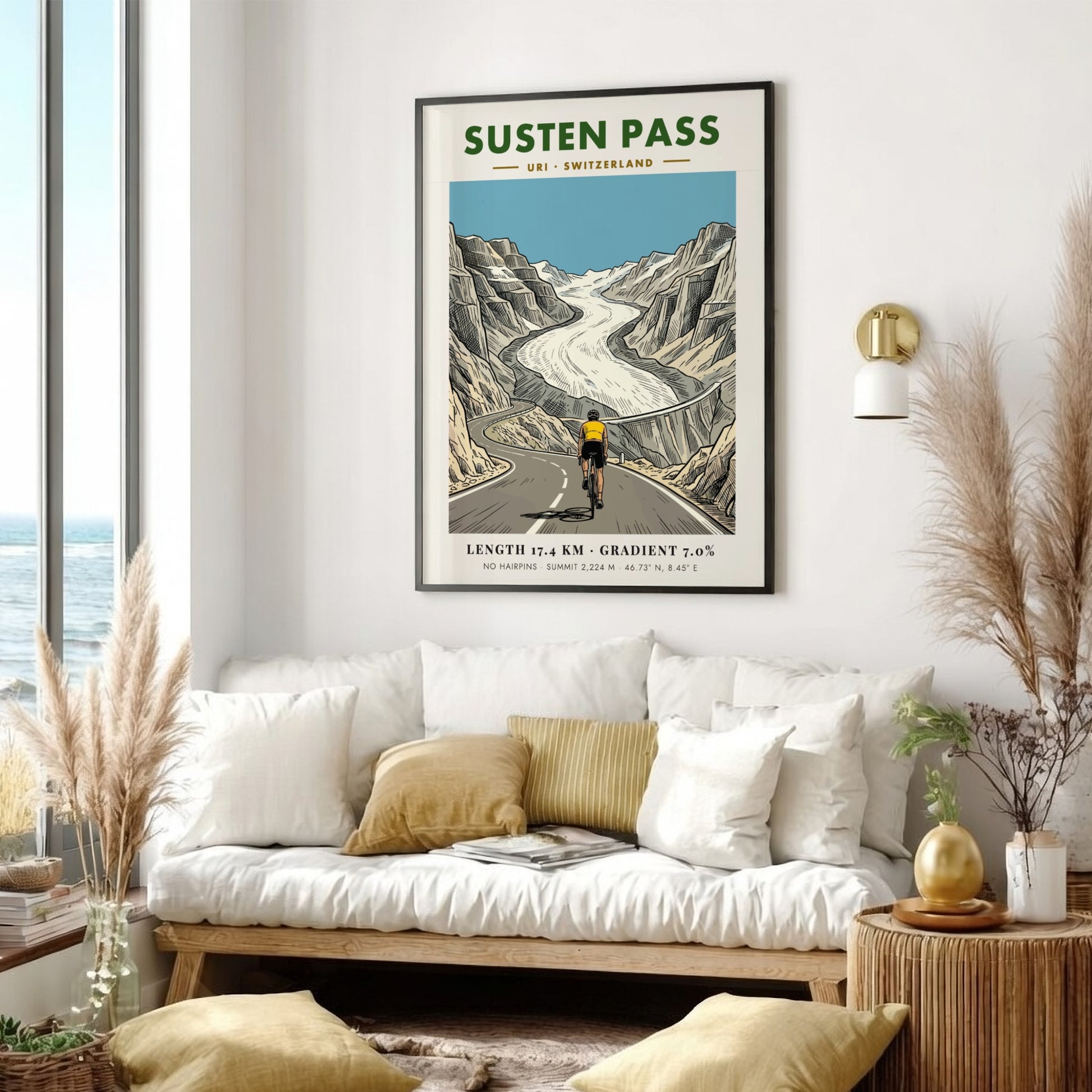 Poster featuring a cyclist riding toward a glacier on the Susten Pass route.