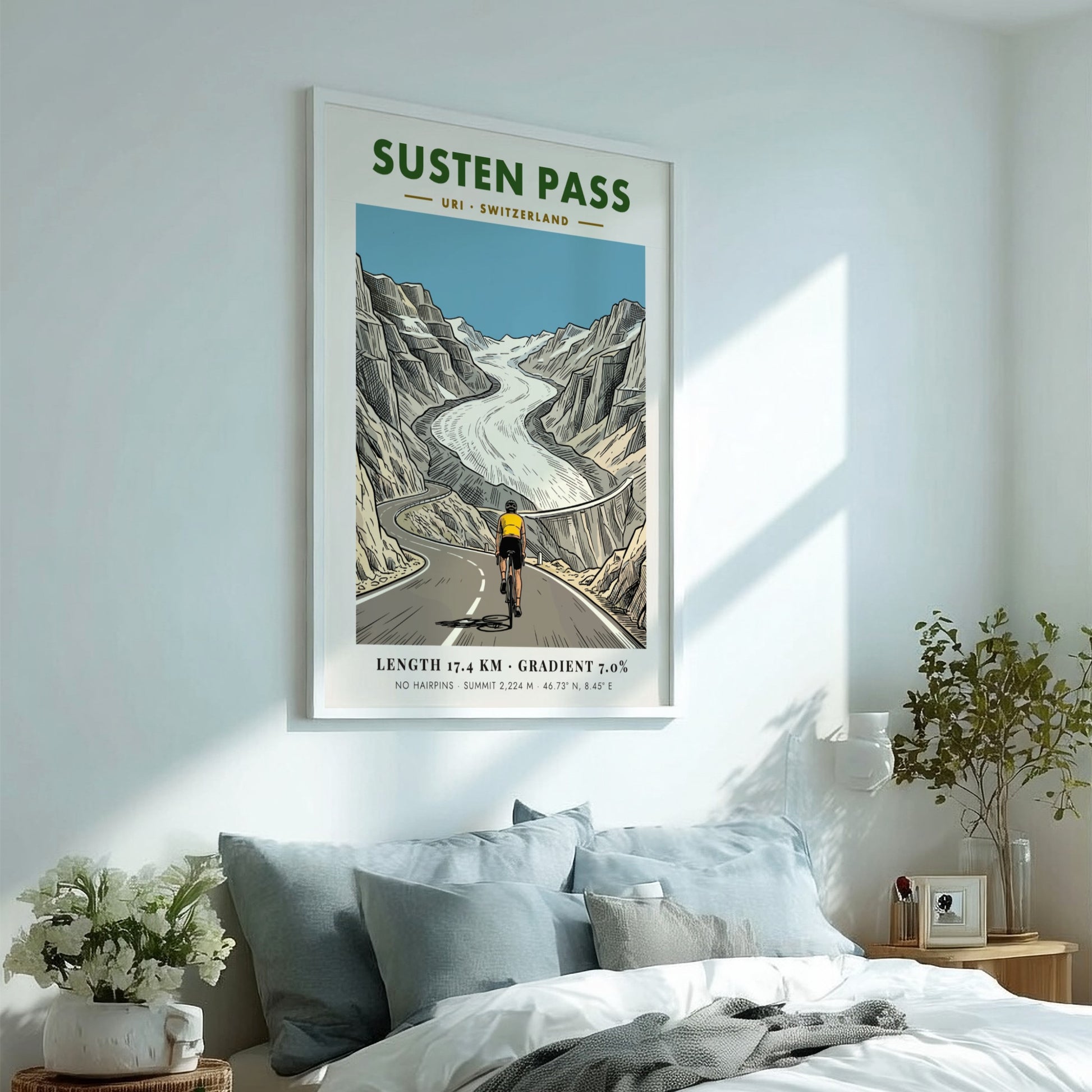 Poster featuring a cyclist riding toward a glacier on the Susten Pass route.