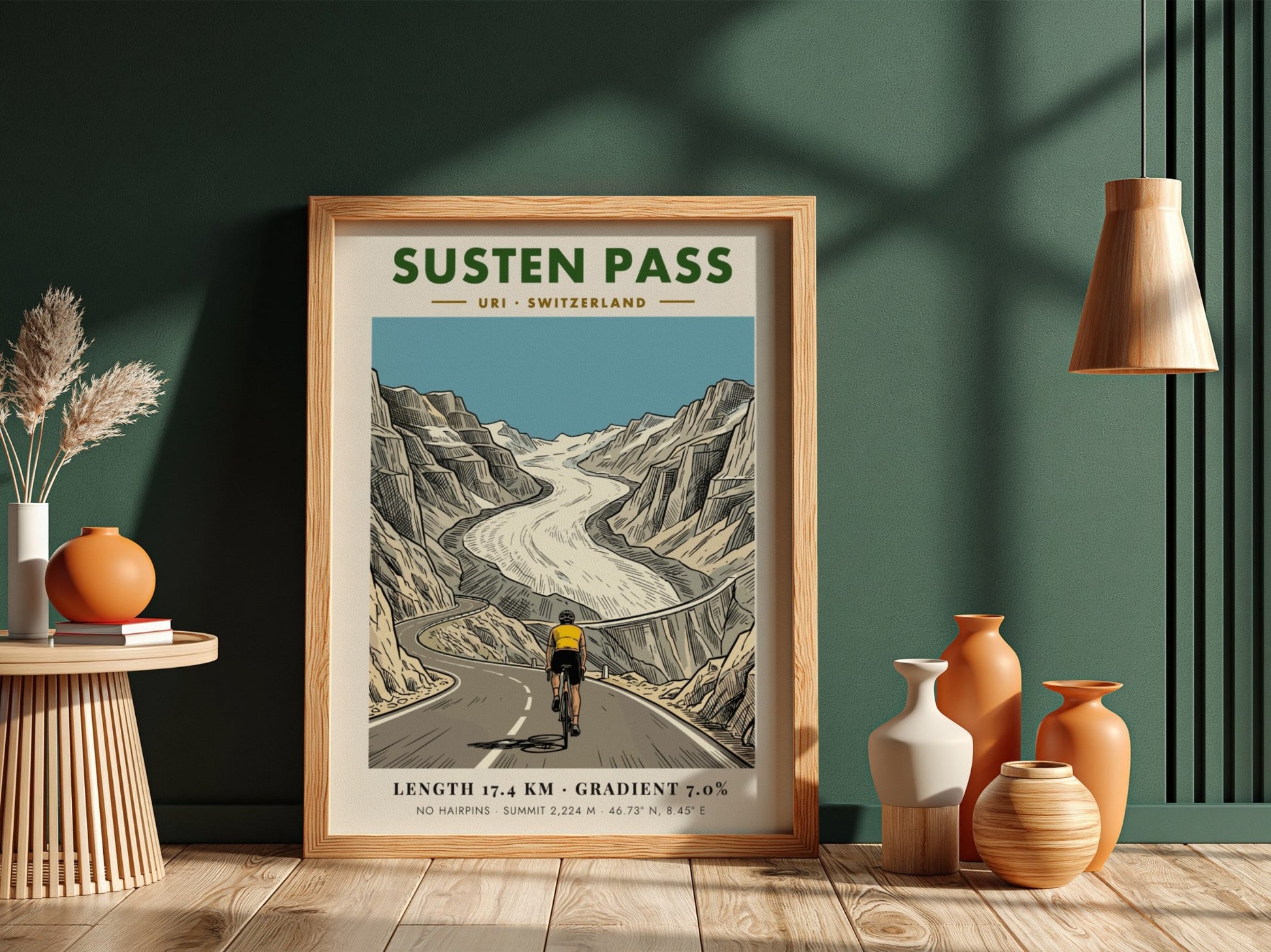 Poster featuring a cyclist riding toward a glacier on the Susten Pass route.