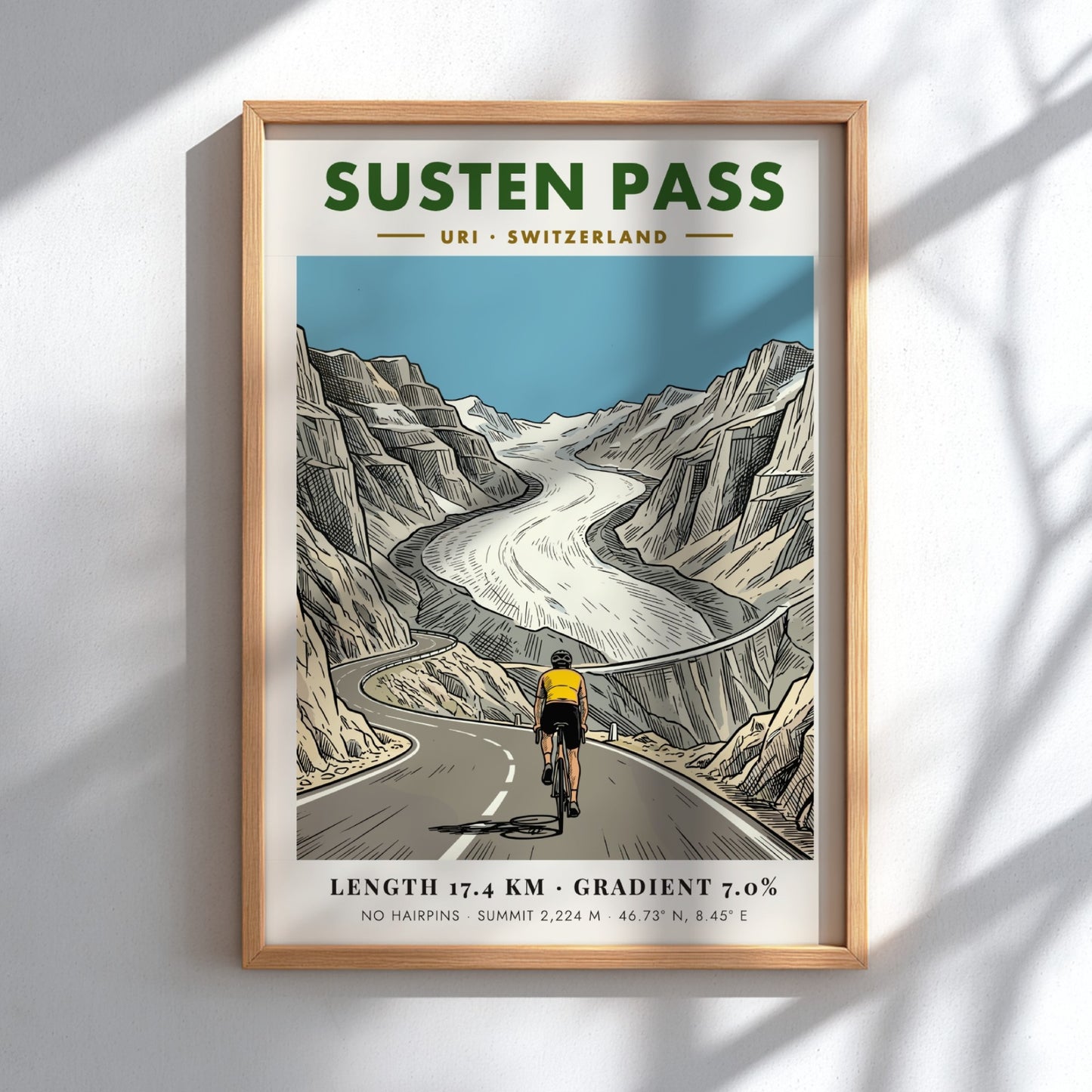 Poster featuring a cyclist riding toward a glacier on the Susten Pass route.