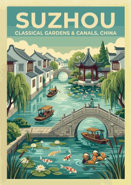 Travel poster featuring Suzhou canals, vintage style with greenery and traditional architecture