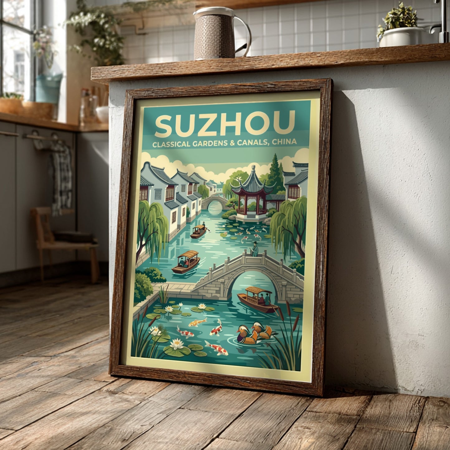 Travel poster featuring Suzhou canals, vintage style with greenery and traditional architecture