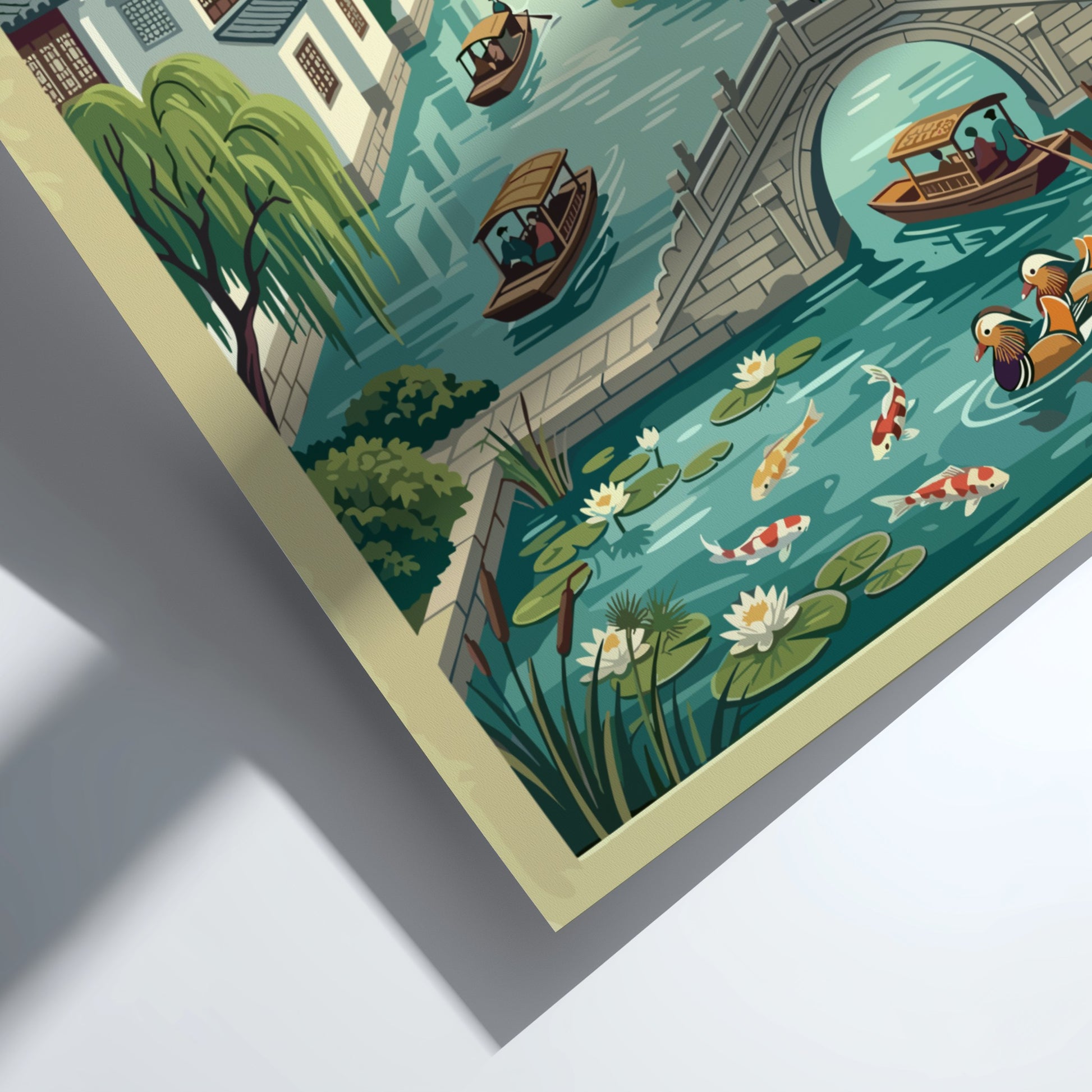 Travel poster featuring Suzhou canals, vintage style with greenery and traditional architecture