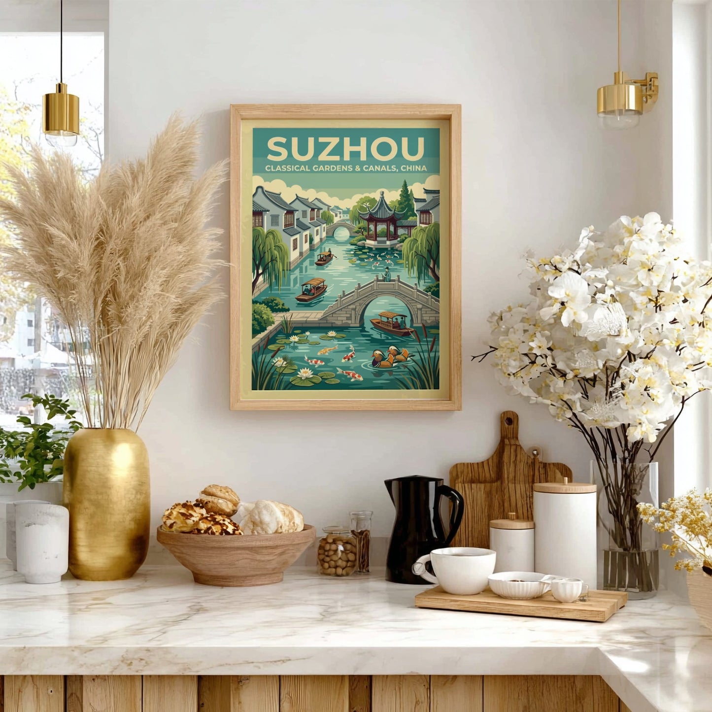 Travel poster featuring Suzhou canals, vintage style with greenery and traditional architecture