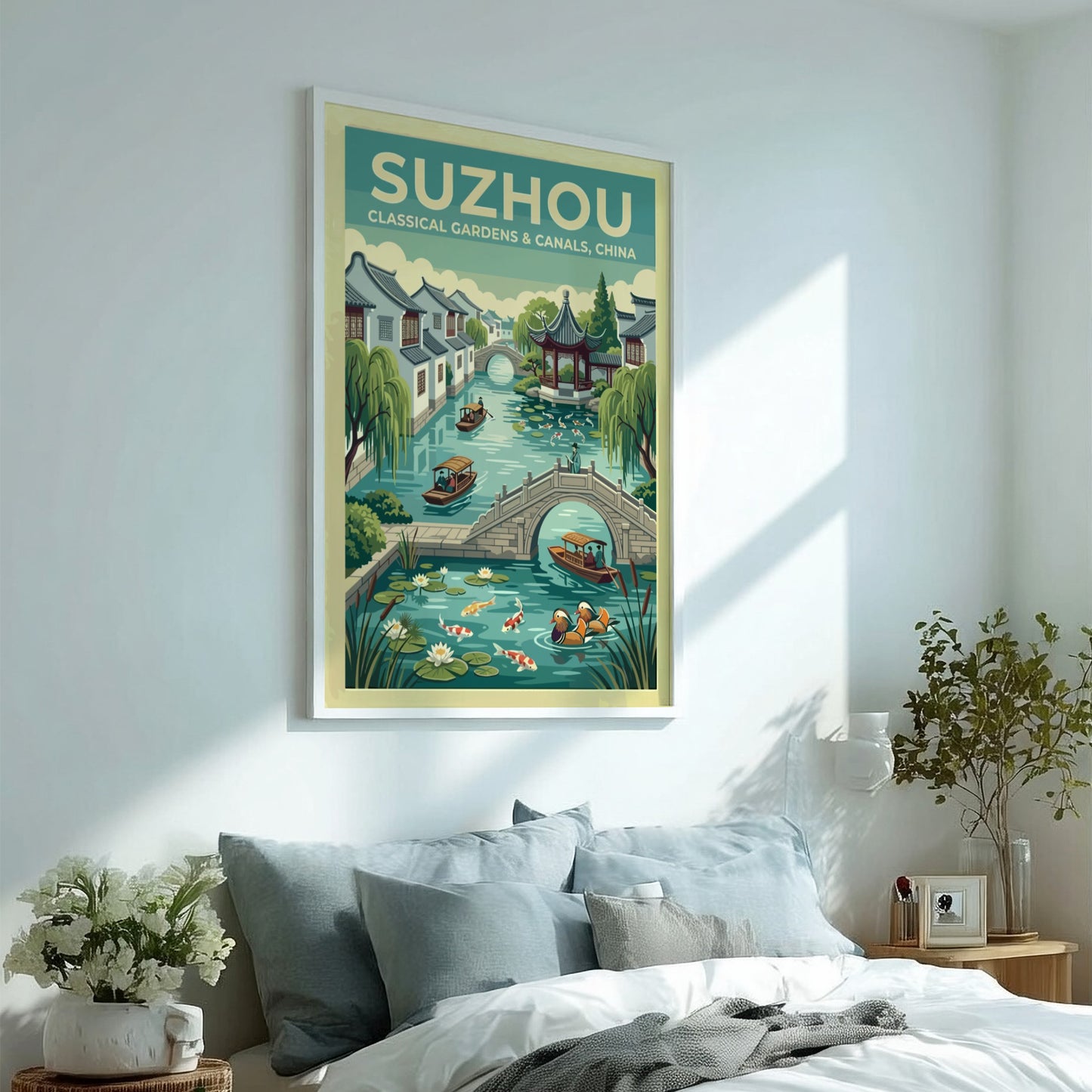 Travel poster featuring Suzhou canals, vintage style with greenery and traditional architecture