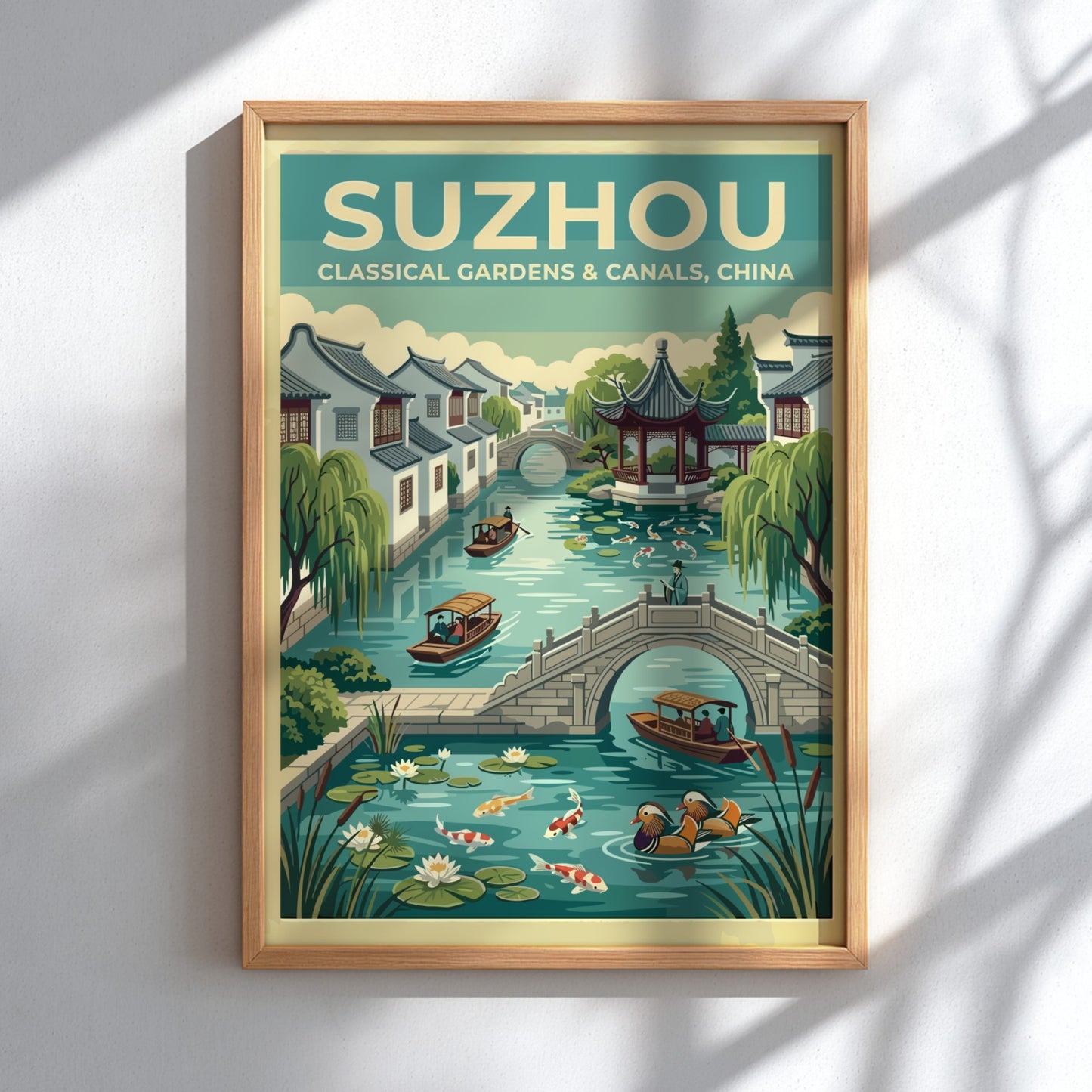 Travel poster featuring Suzhou canals, vintage style with greenery and traditional architecture