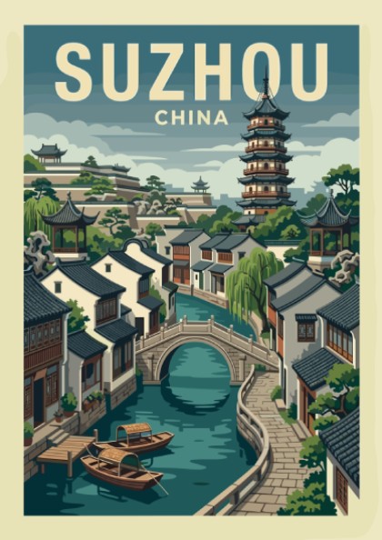 Vintage Suzhou China travel poster featuring a canal, bridge, and pagoda in a muted color palette.