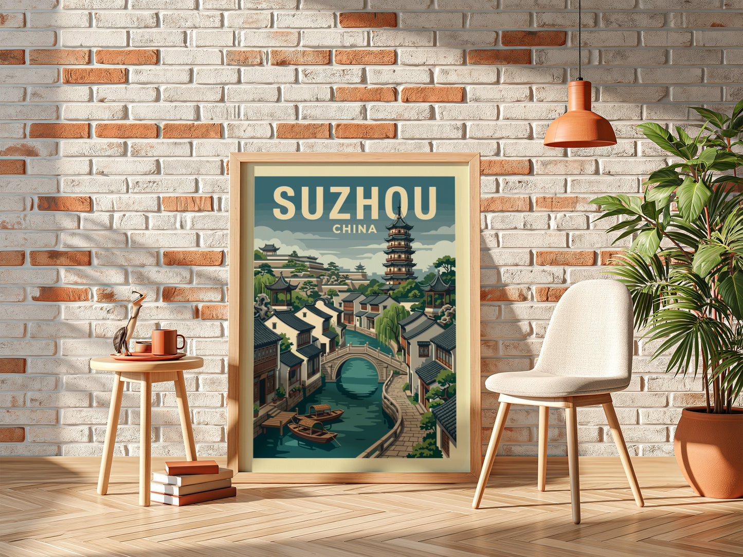Vintage Suzhou China travel poster featuring a canal, bridge, and pagoda in a muted color palette.