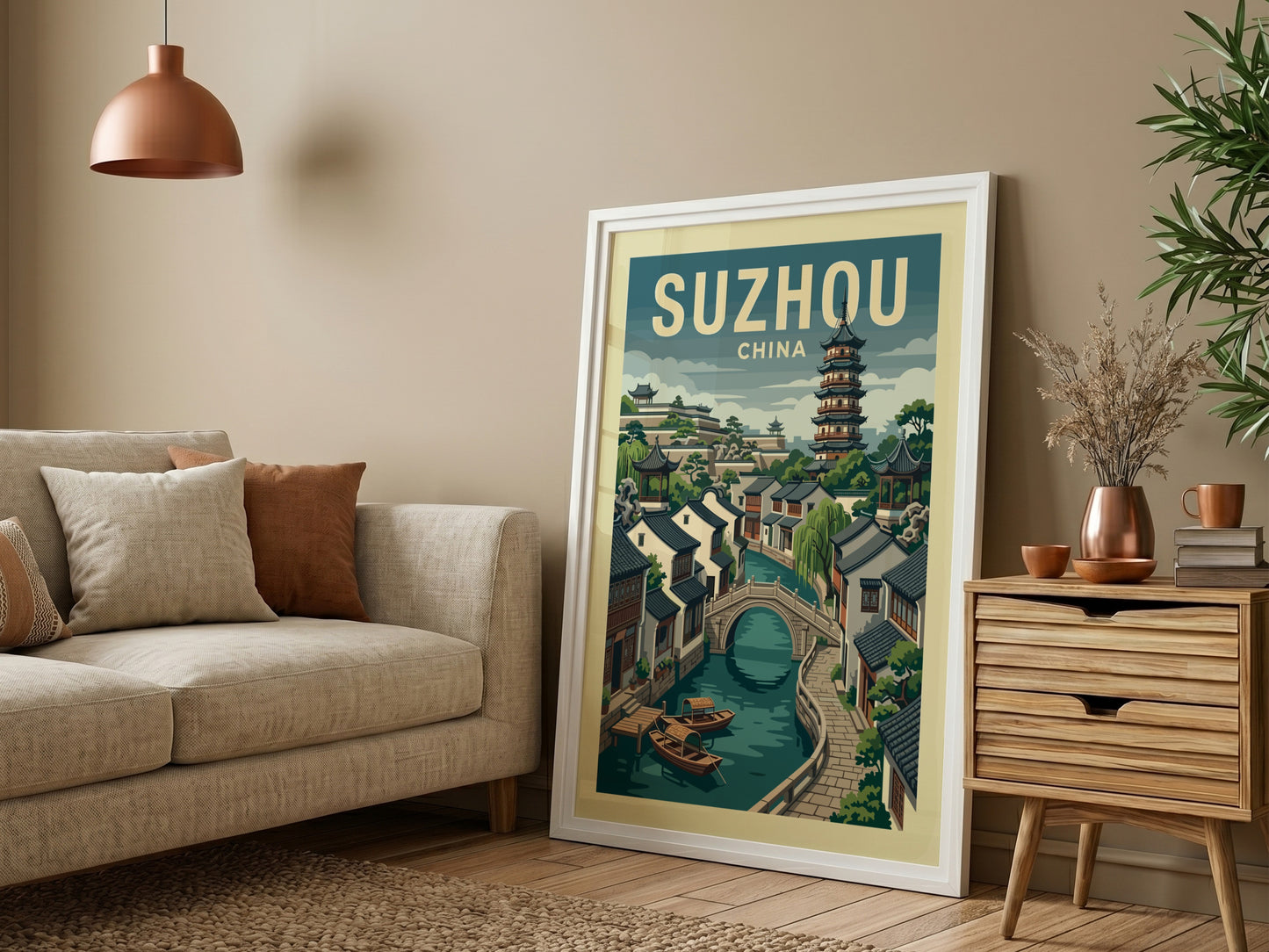 Vintage Suzhou China travel poster featuring a canal, bridge, and pagoda in a muted color palette.