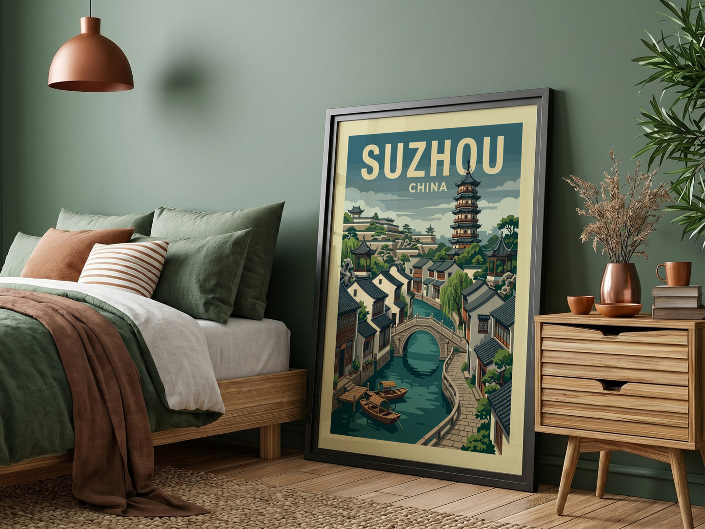 Vintage Suzhou China travel poster featuring a canal, bridge, and pagoda in a muted color palette.