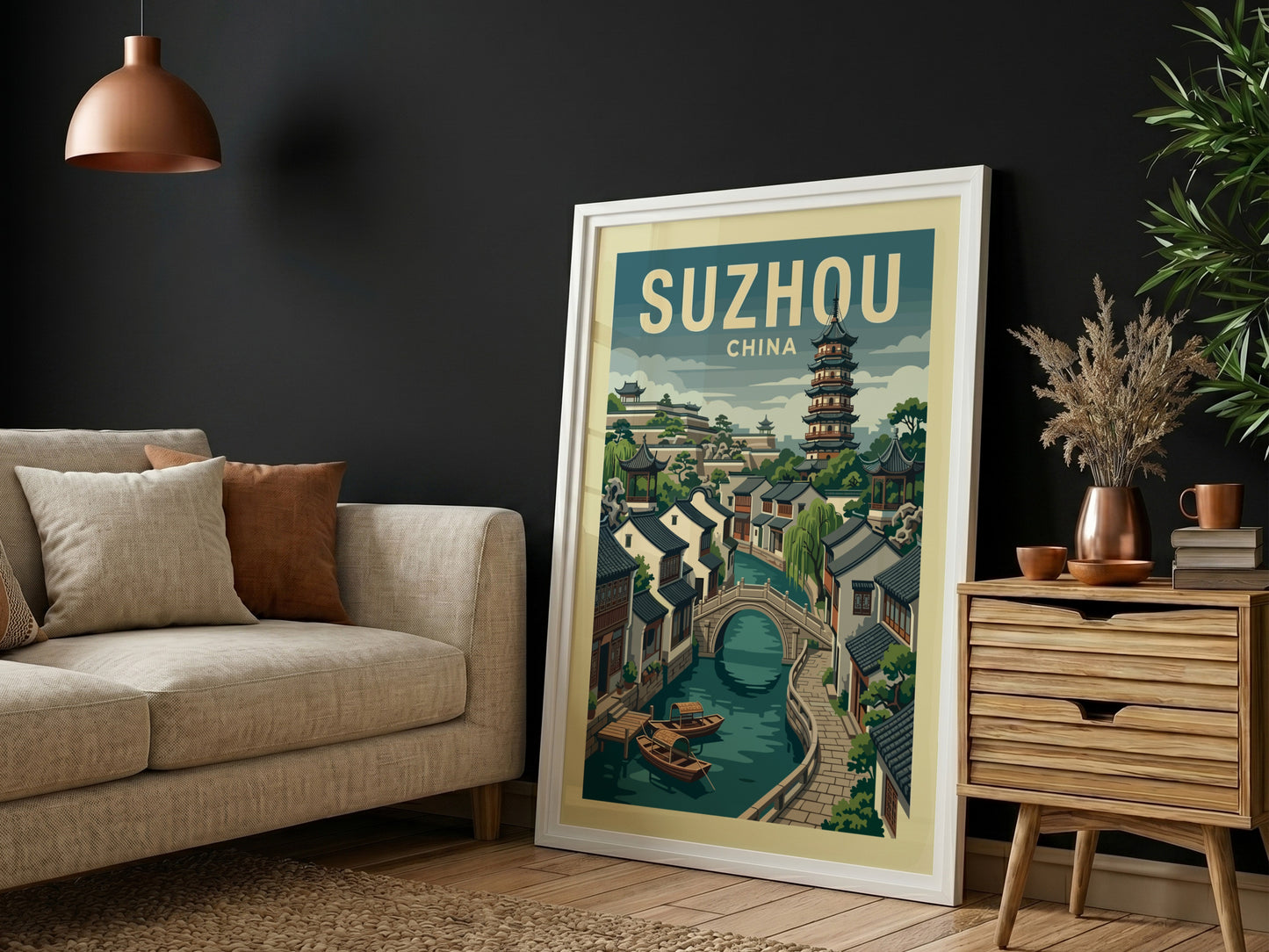 Vintage Suzhou China travel poster featuring a canal, bridge, and pagoda in a muted color palette.