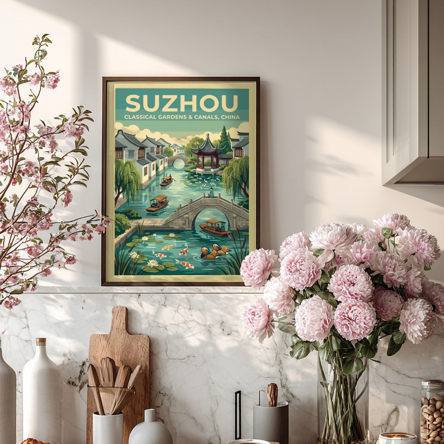 Travel poster featuring Suzhou canals, vintage style with greenery and traditional architecture