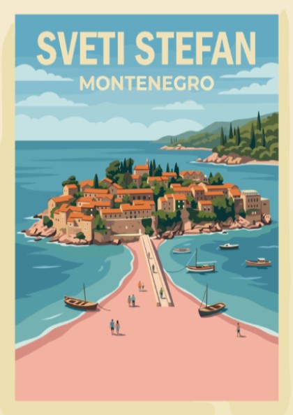 Poster of Sveti Stefan Montenegro featuring a village on an island and bridge.
