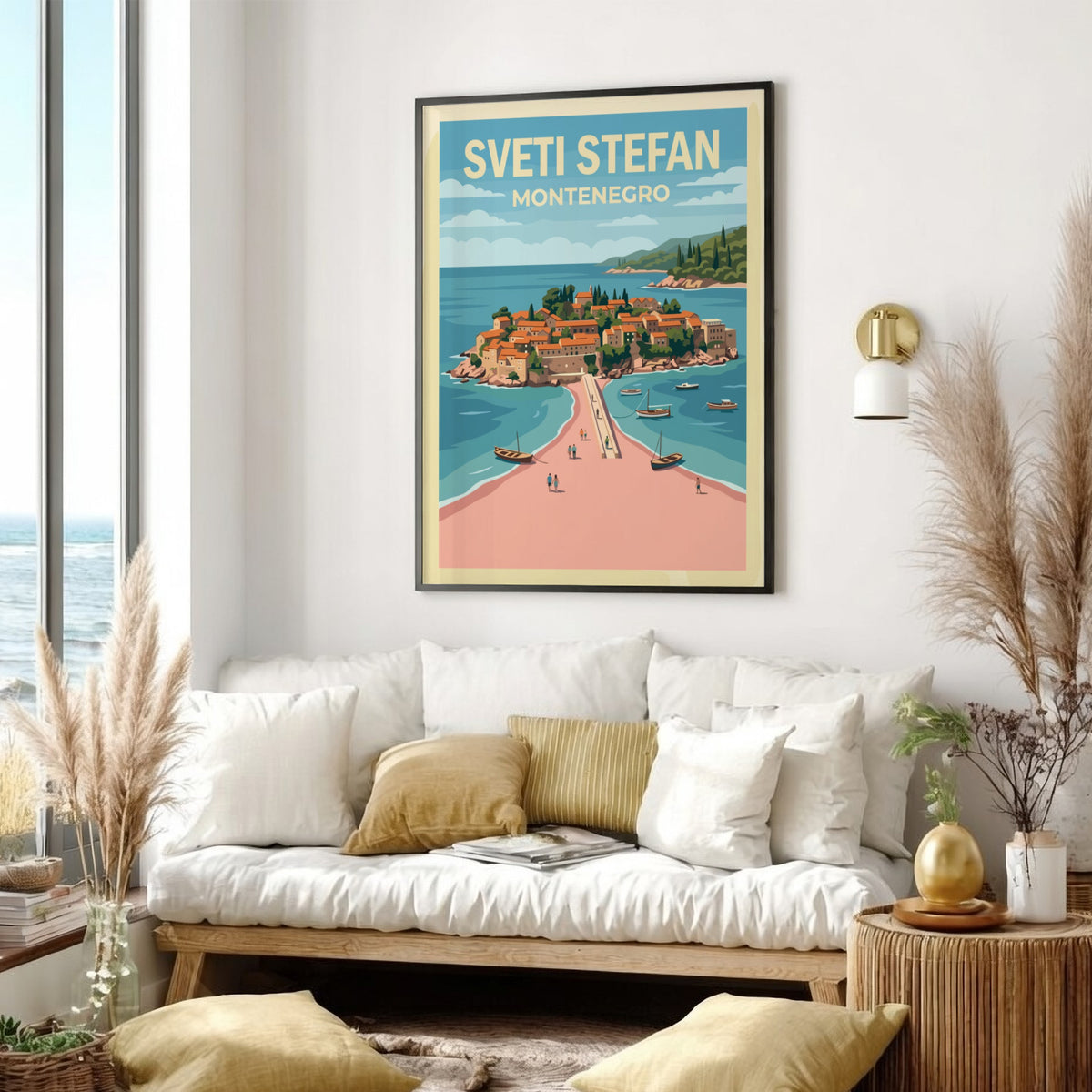 Poster of Sveti Stefan Montenegro featuring a village on an island and bridge.
