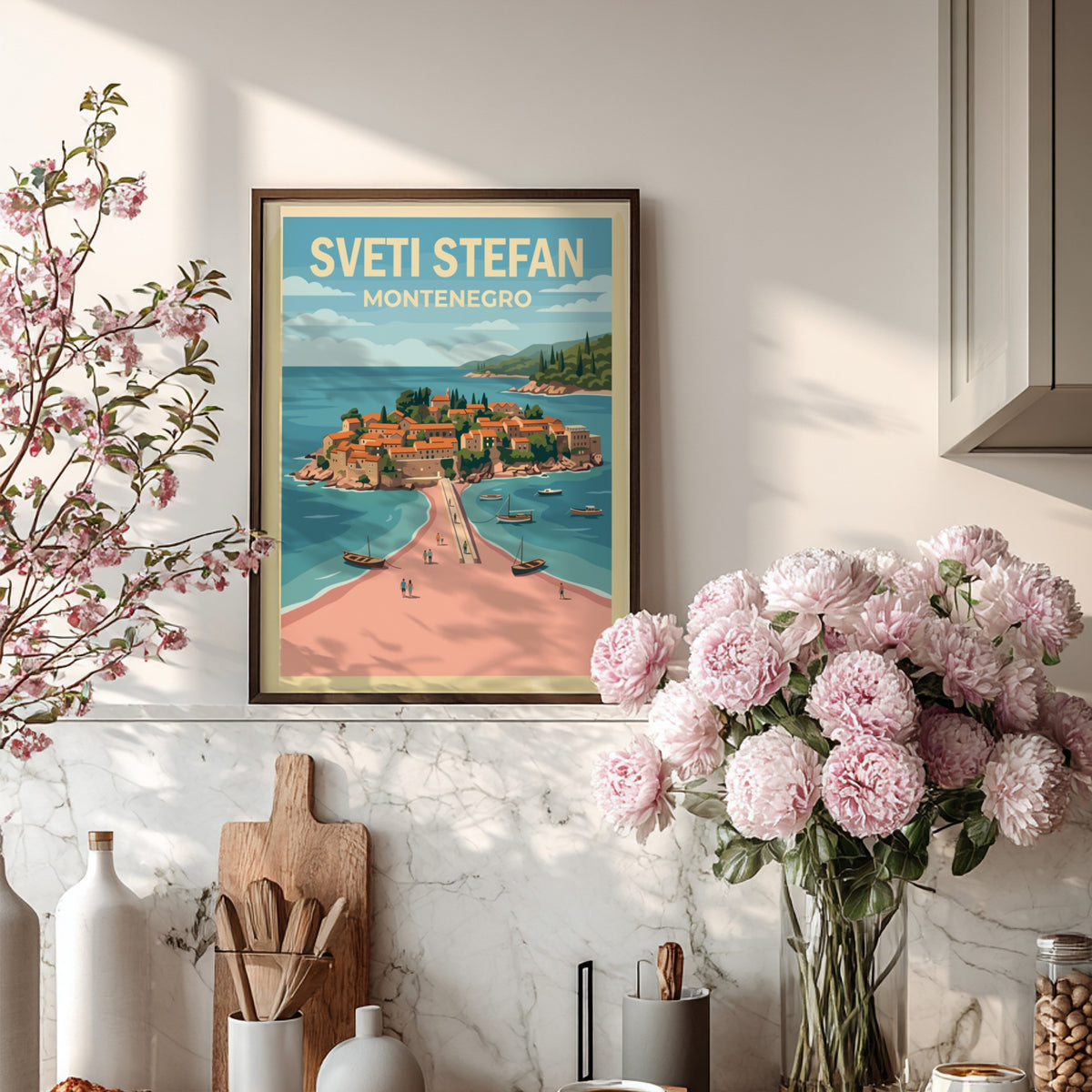 Poster of Sveti Stefan Montenegro featuring a village on an island and bridge.