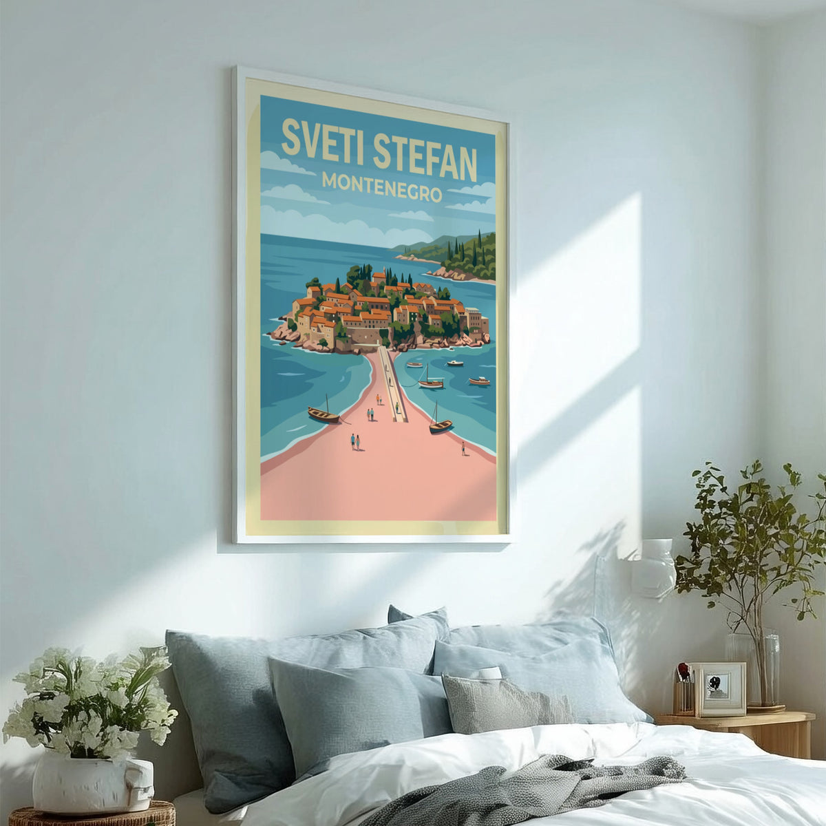 Poster of Sveti Stefan Montenegro featuring a village on an island and bridge.