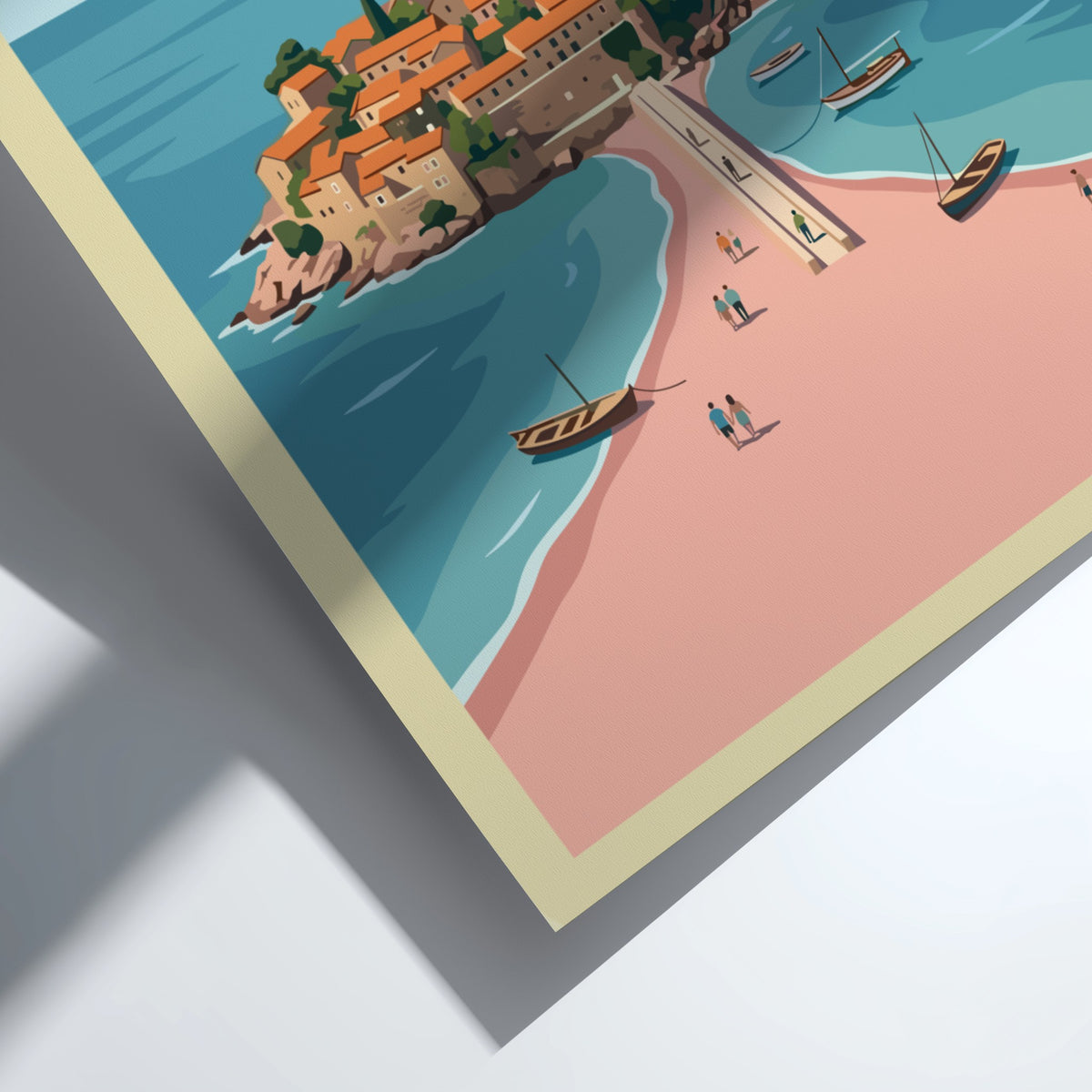 Poster of Sveti Stefan Montenegro featuring a village on an island and bridge.