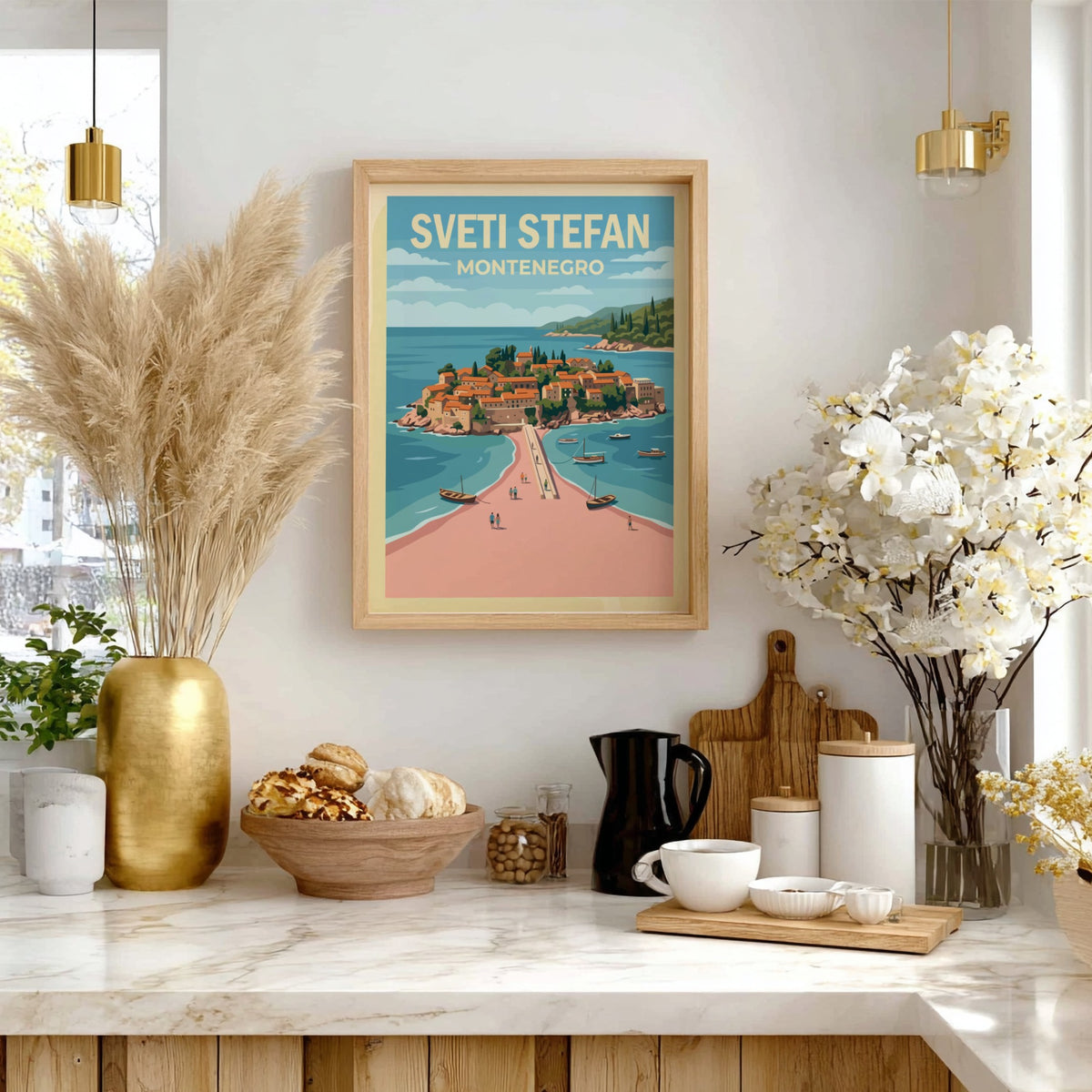 Poster of Sveti Stefan Montenegro featuring a village on an island and bridge.