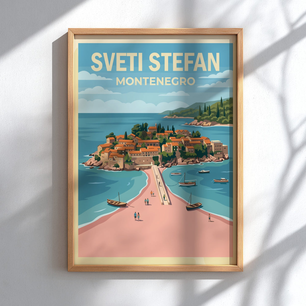 Poster of Sveti Stefan Montenegro featuring a village on an island and bridge.