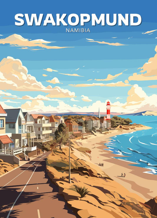 A vibrant poster featuring the Swakopmund Lighthouse in Namibia, with a scenic view of the town, beach, and lighthouse against a blue sky with clouds.