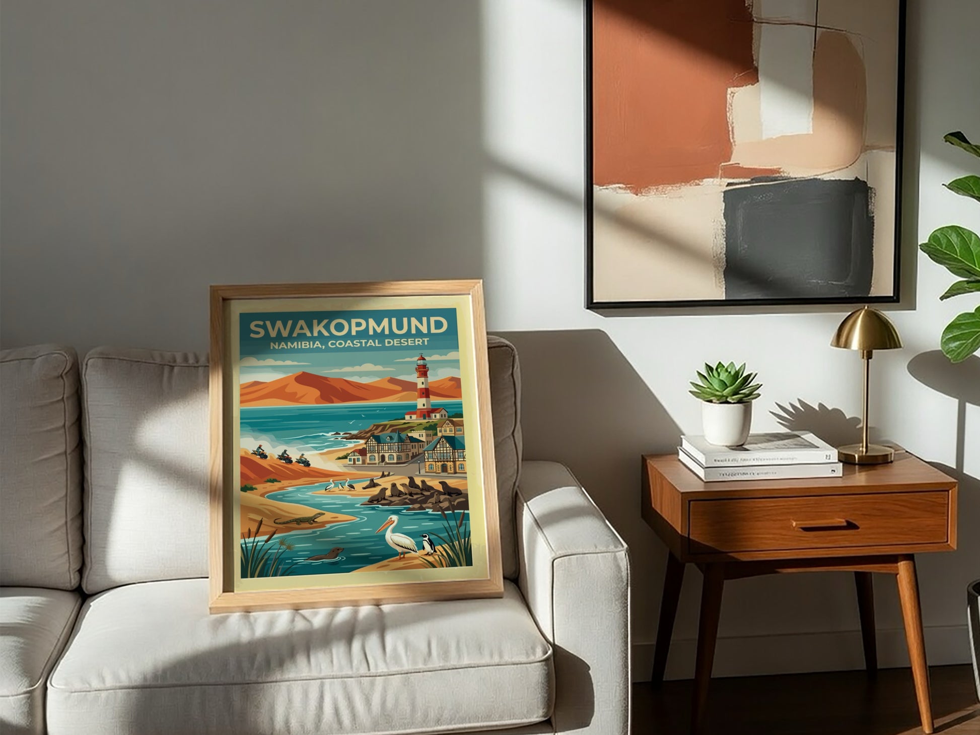 Travel poster of Swakopmund Namibia featuring a lighthouse, sand dunes, seals, and pelicans.