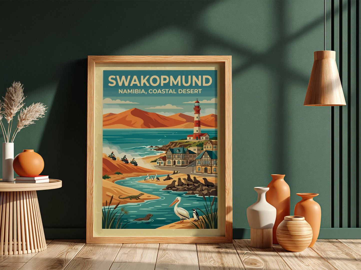 Travel poster of Swakopmund Namibia featuring a lighthouse, sand dunes, seals, and pelicans.