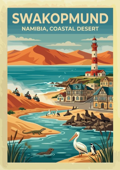 Travel poster of Swakopmund Namibia featuring a lighthouse, sand dunes, seals, and pelicans.