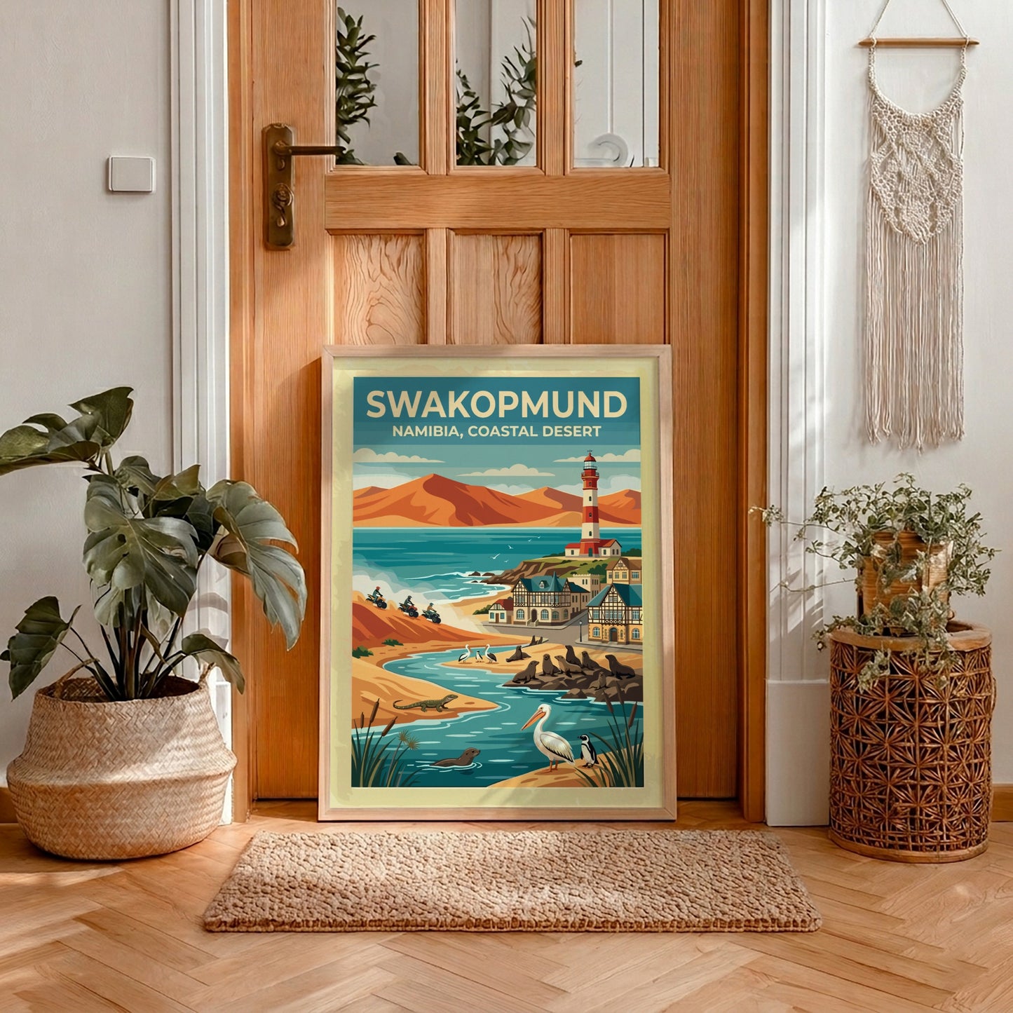 Travel poster of Swakopmund Namibia featuring a lighthouse, sand dunes, seals, and pelicans.