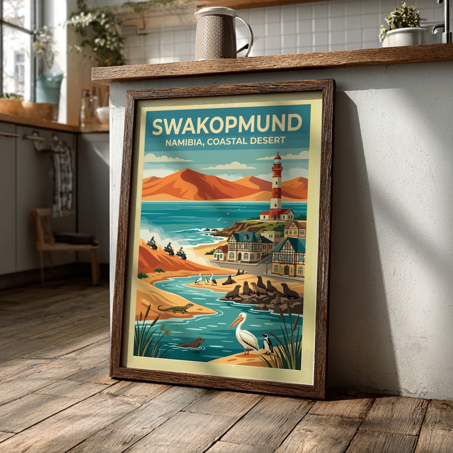 Travel poster of Swakopmund Namibia featuring a lighthouse, sand dunes, seals, and pelicans.