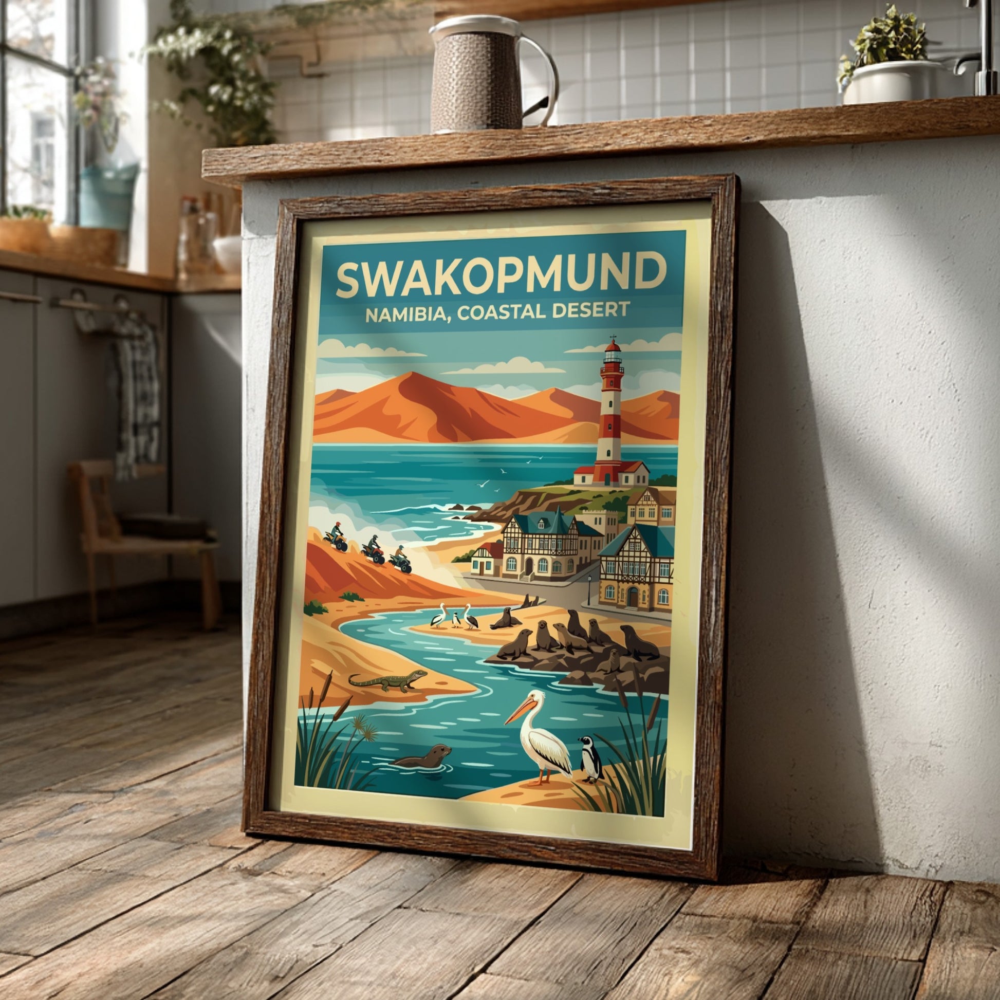 Travel poster of Swakopmund Namibia featuring a lighthouse, sand dunes, seals, and pelicans.