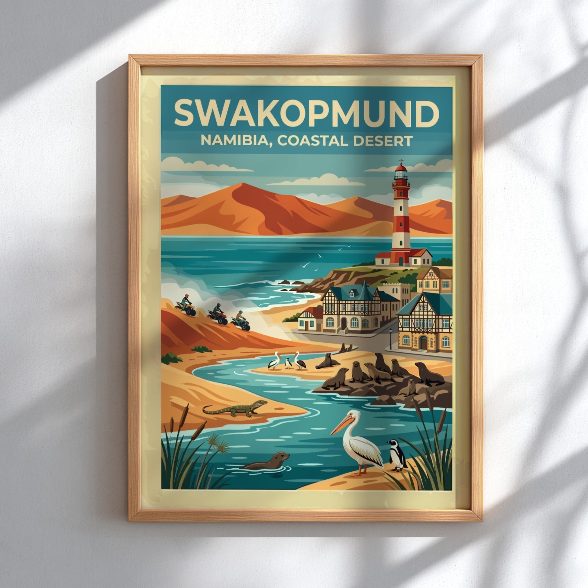 Travel poster of Swakopmund Namibia featuring a lighthouse, sand dunes, seals, and pelicans.