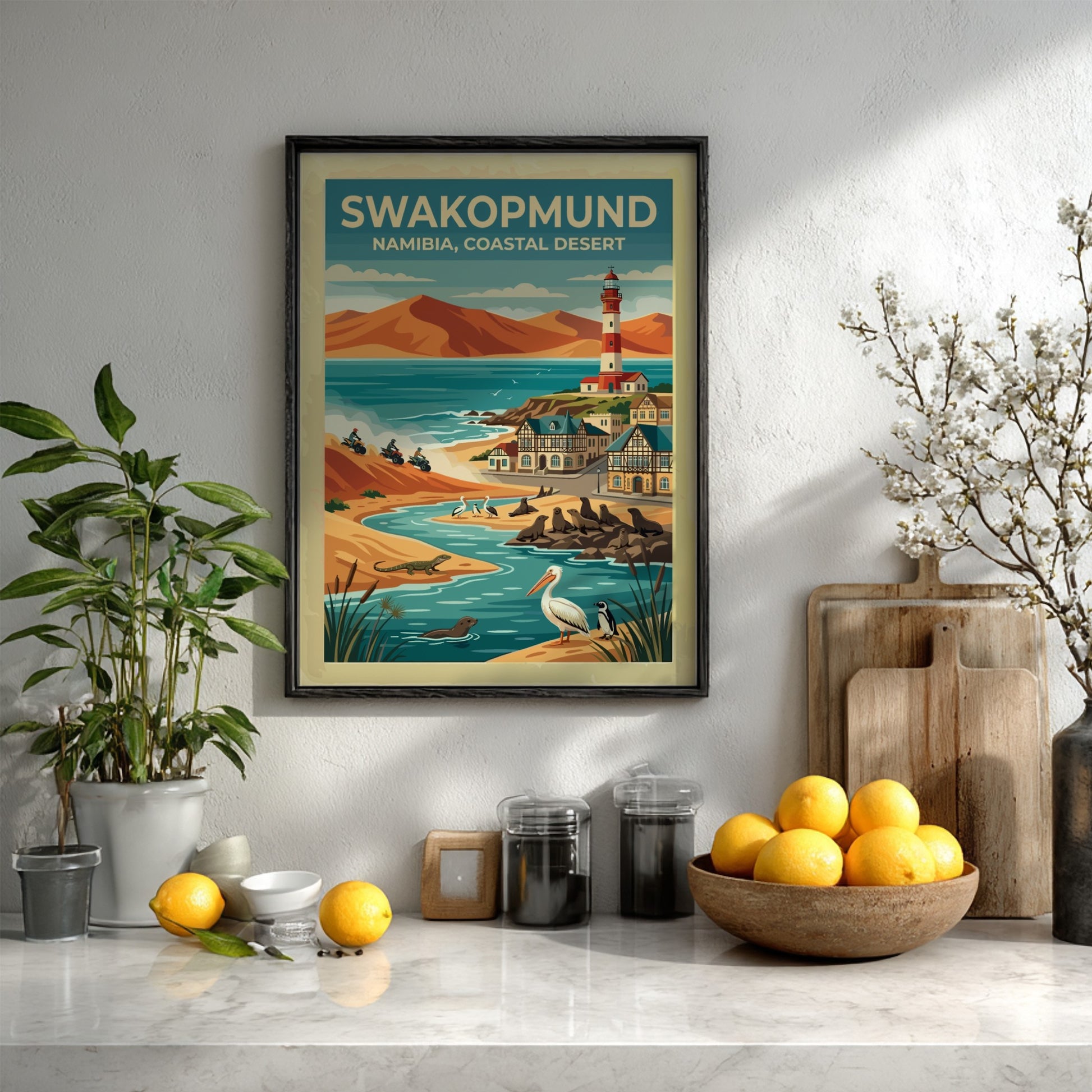 Travel poster of Swakopmund Namibia featuring a lighthouse, sand dunes, seals, and pelicans.