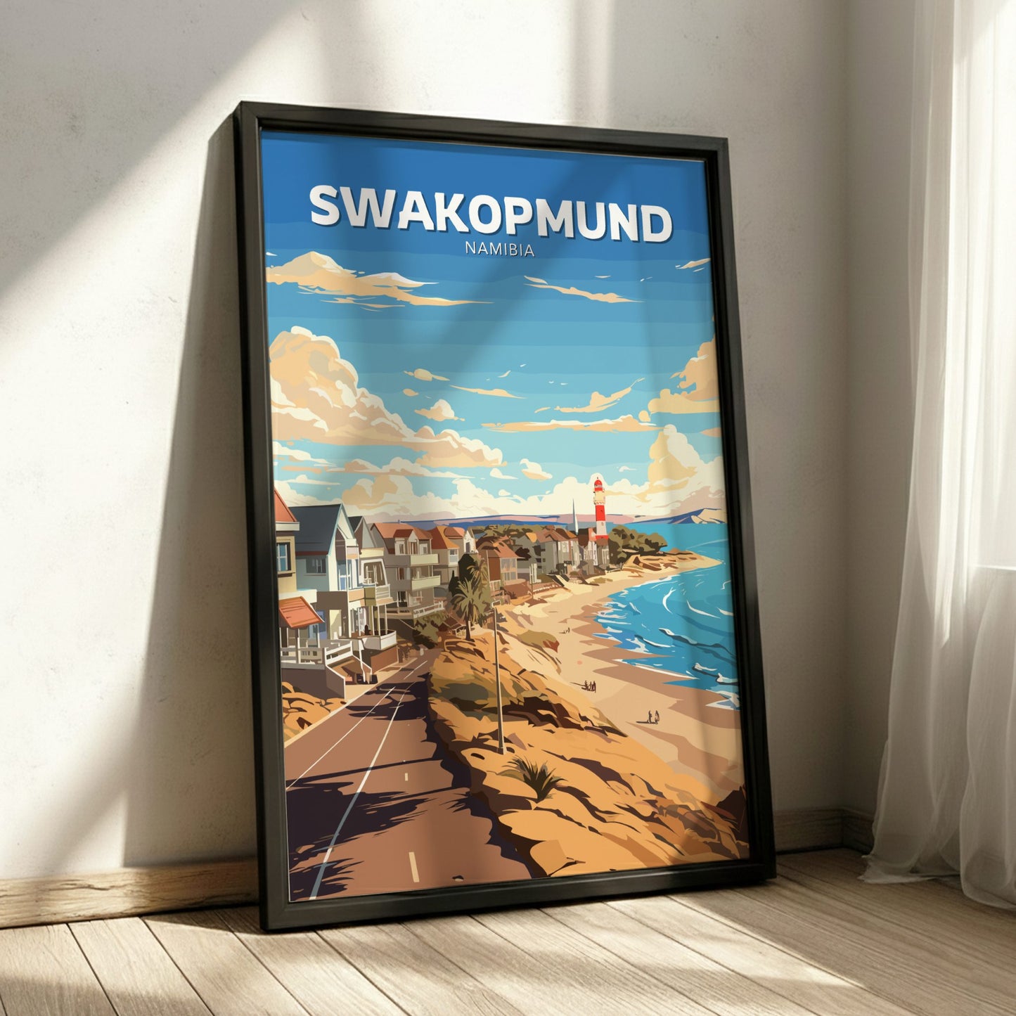 Framed artwork of Swakopmund, Namibia with a beach and lighthouse.