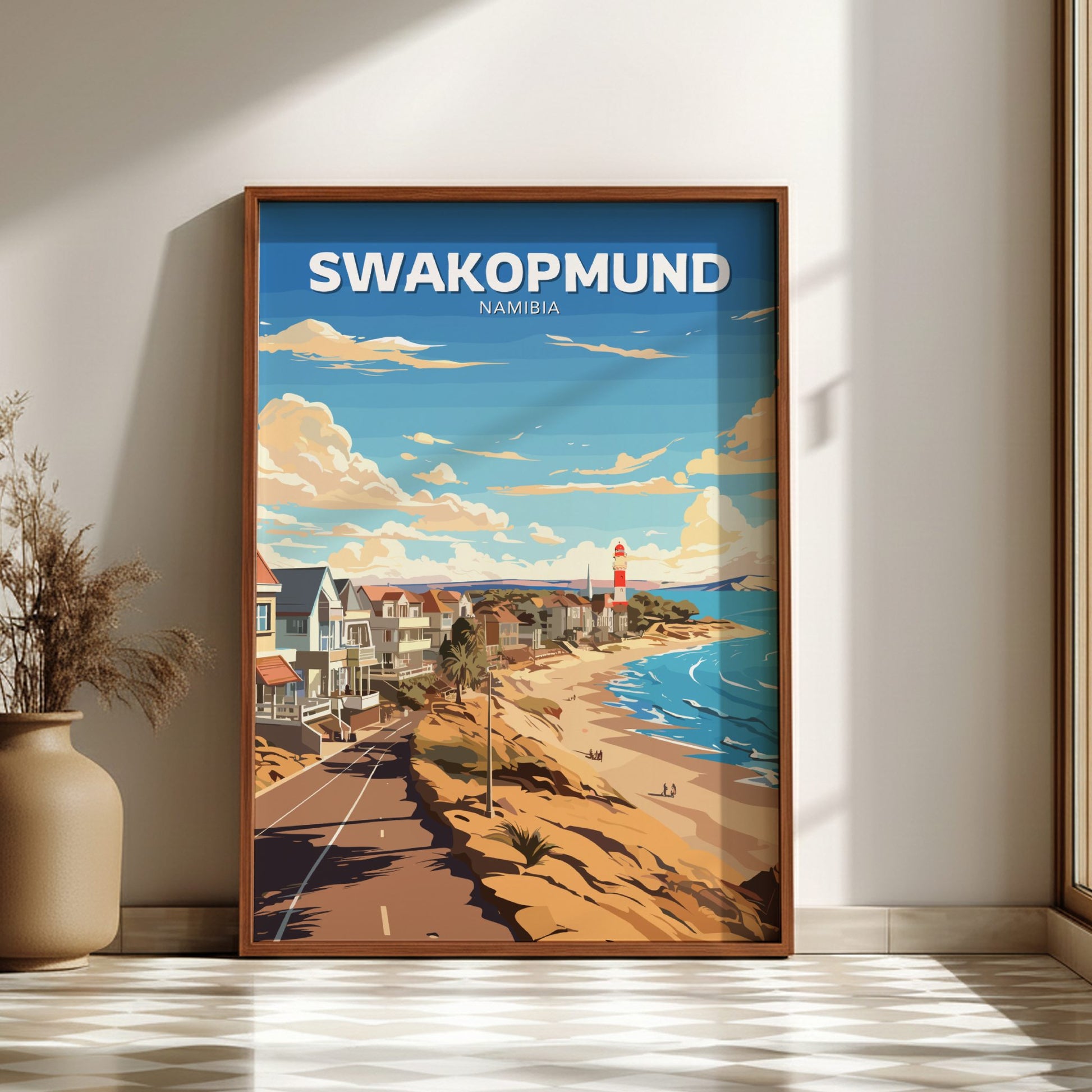 Framed poster of Swakopmund, Namibia with a beach and coastal view.