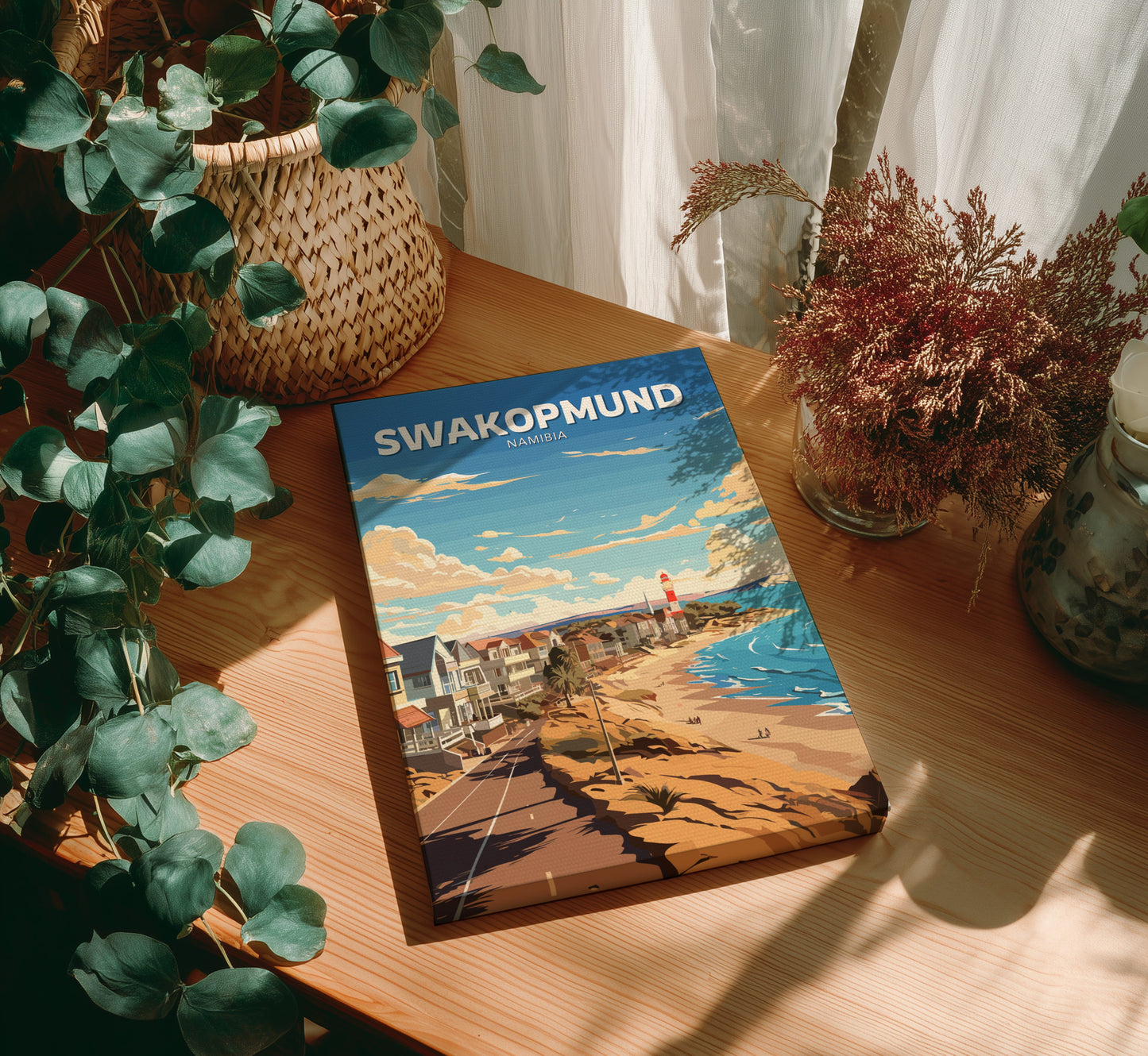 canvas print of 'Swakopmund' on a wooden table with plants around